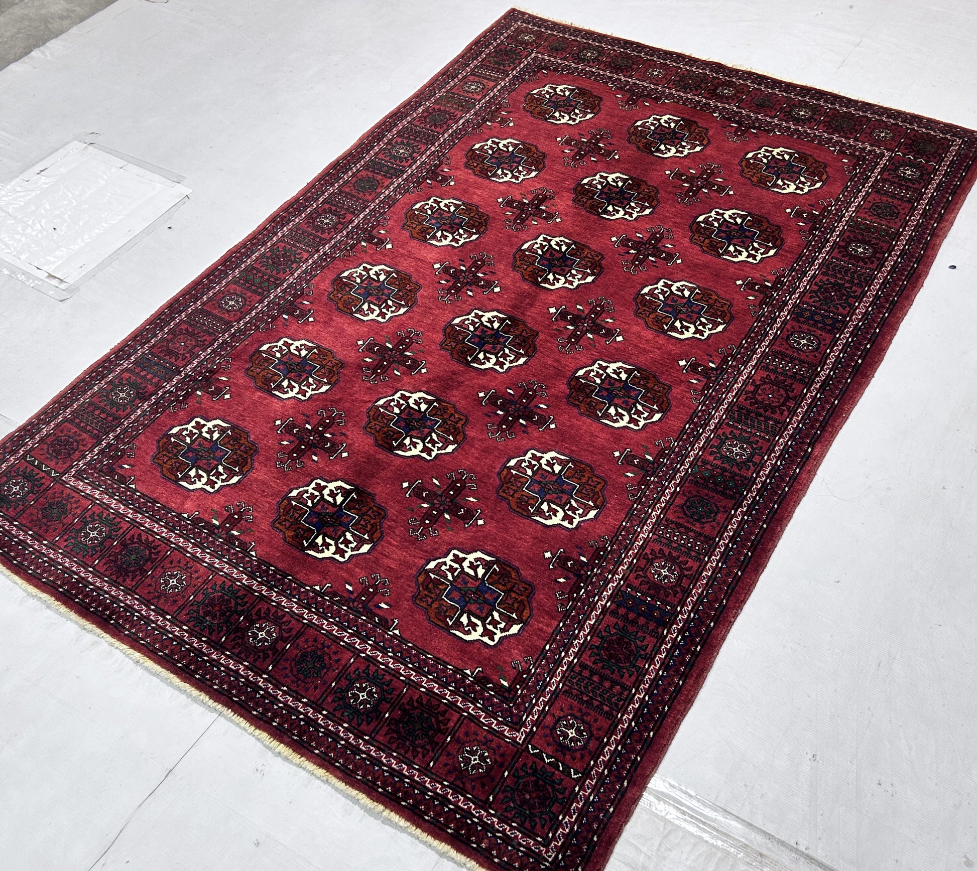 red & ivory premium handwoven pure wool bokhara rug, 4ft 0in x 5ft 11in