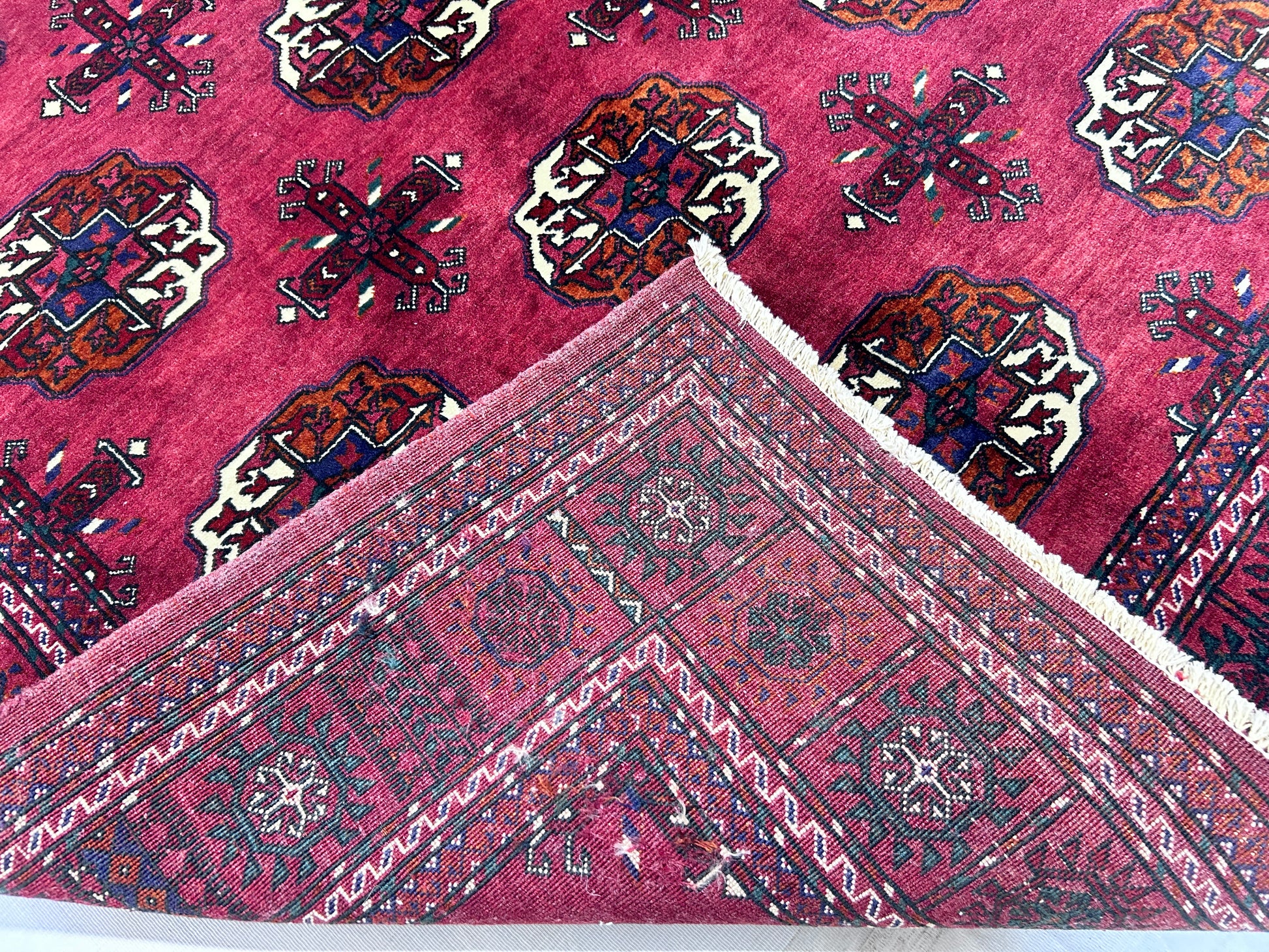 red & ivory premium handwoven pure wool bokhara rug, 4ft 0in x 5ft 11in