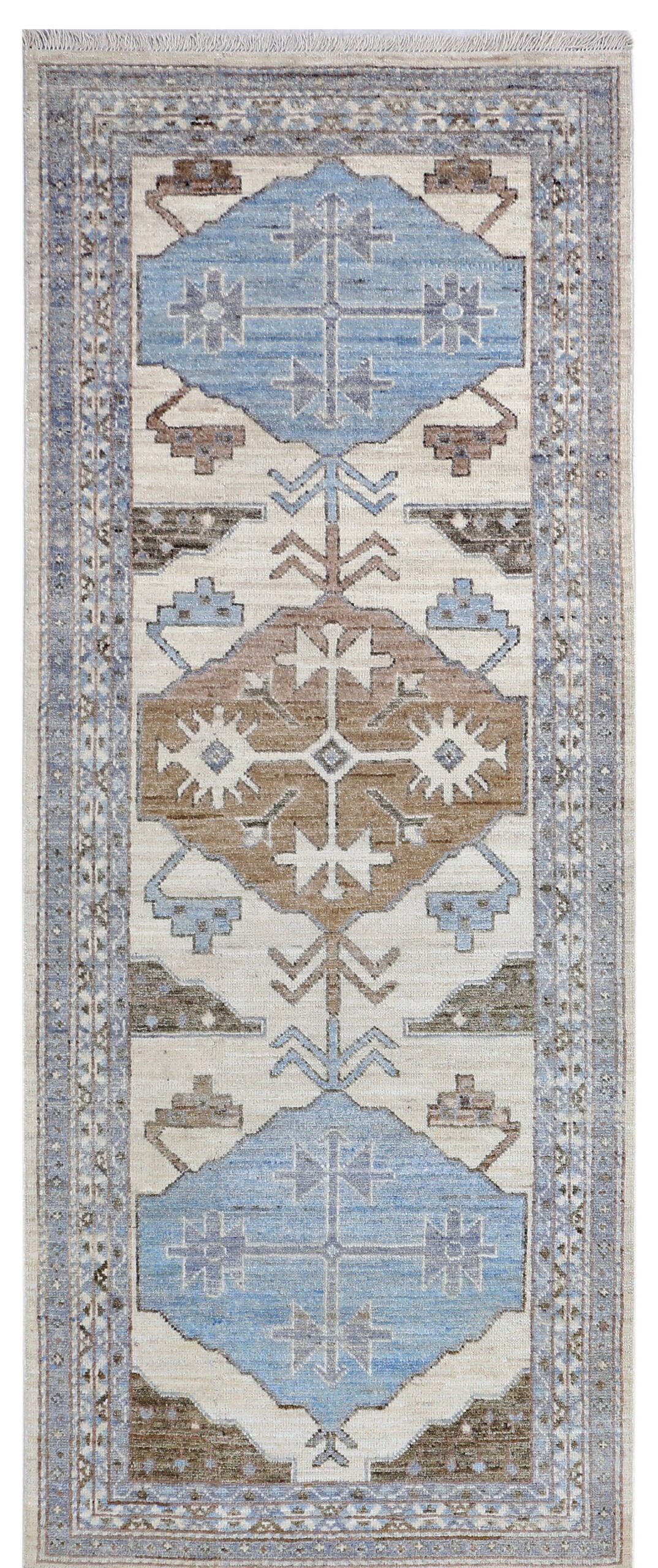 brown & grey premium handwoven pure wool chobrang rug, 3ft 2in x 8ft 0in