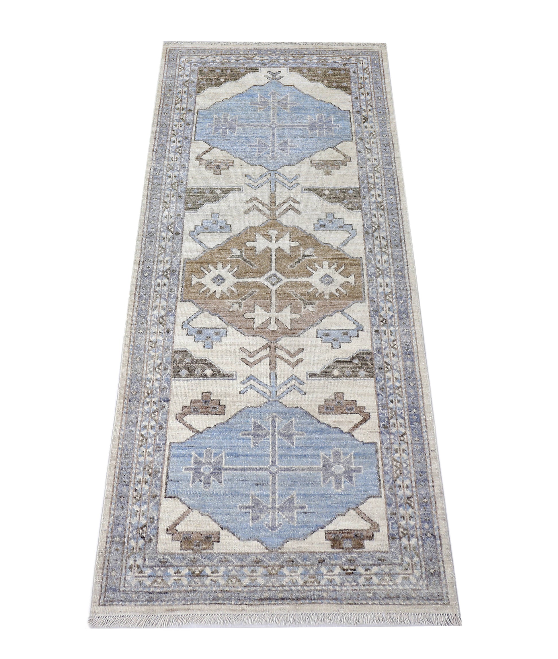 brown & grey premium handwoven pure wool chobrang rug, 3ft 2in x 8ft 0in