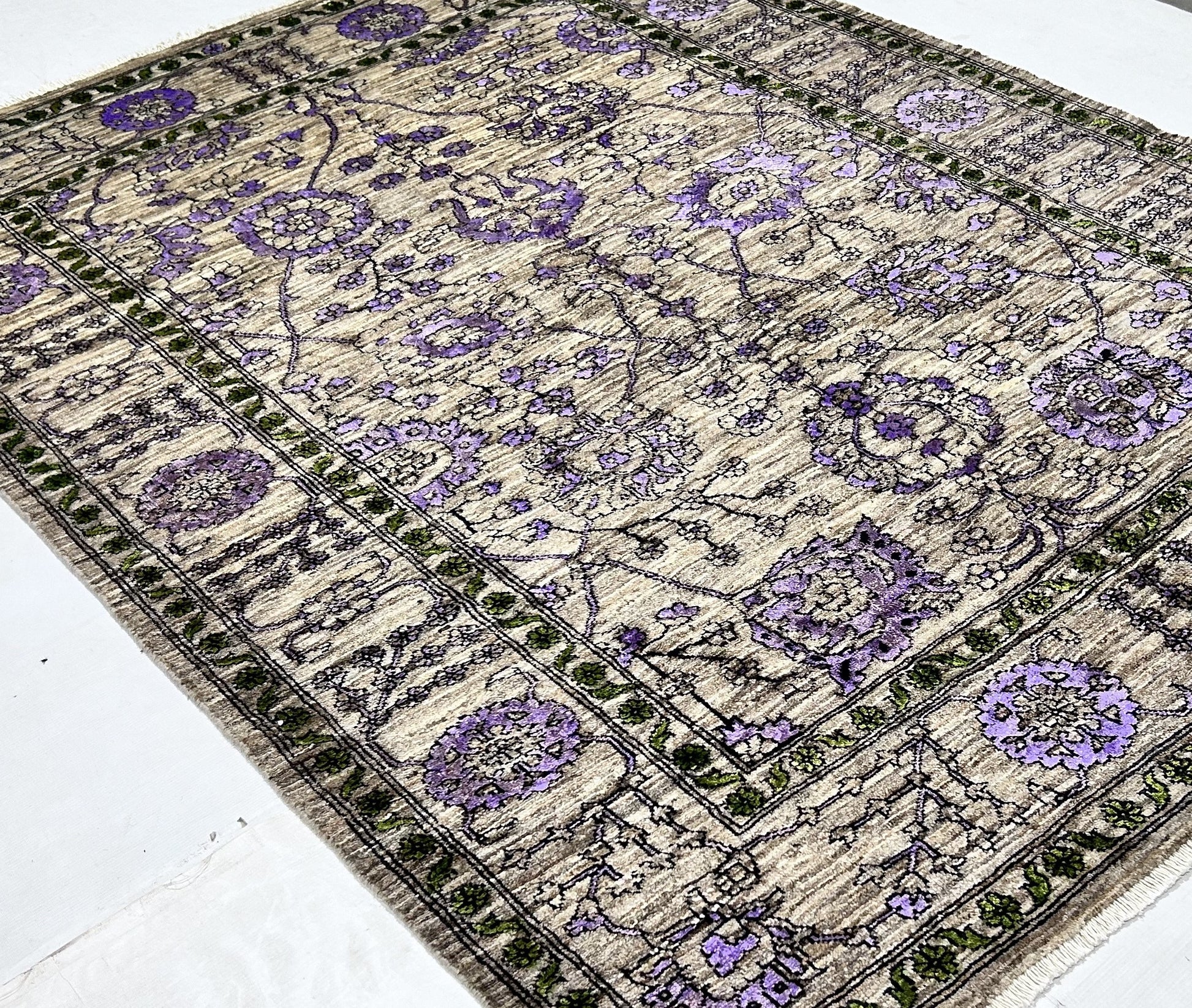 brown & lavender premium handwoven pure wool chobrang rug, 5ft 0in x 7ft 0in