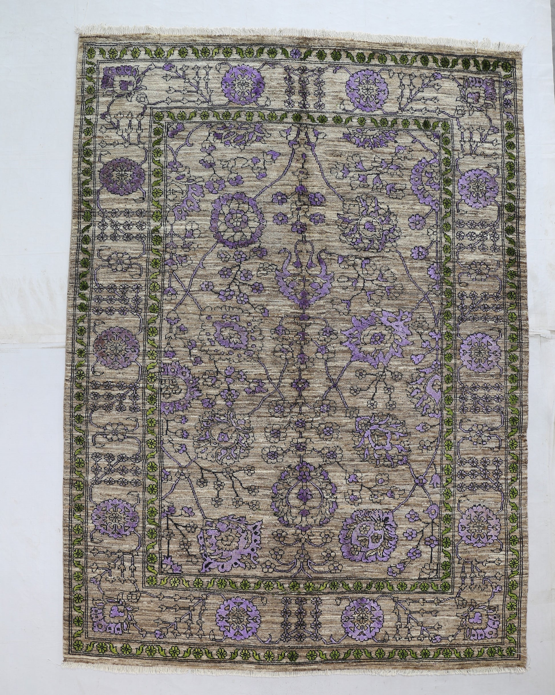 brown & lavender premium handwoven pure wool chobrang rug, 5ft 0in x 7ft 0in