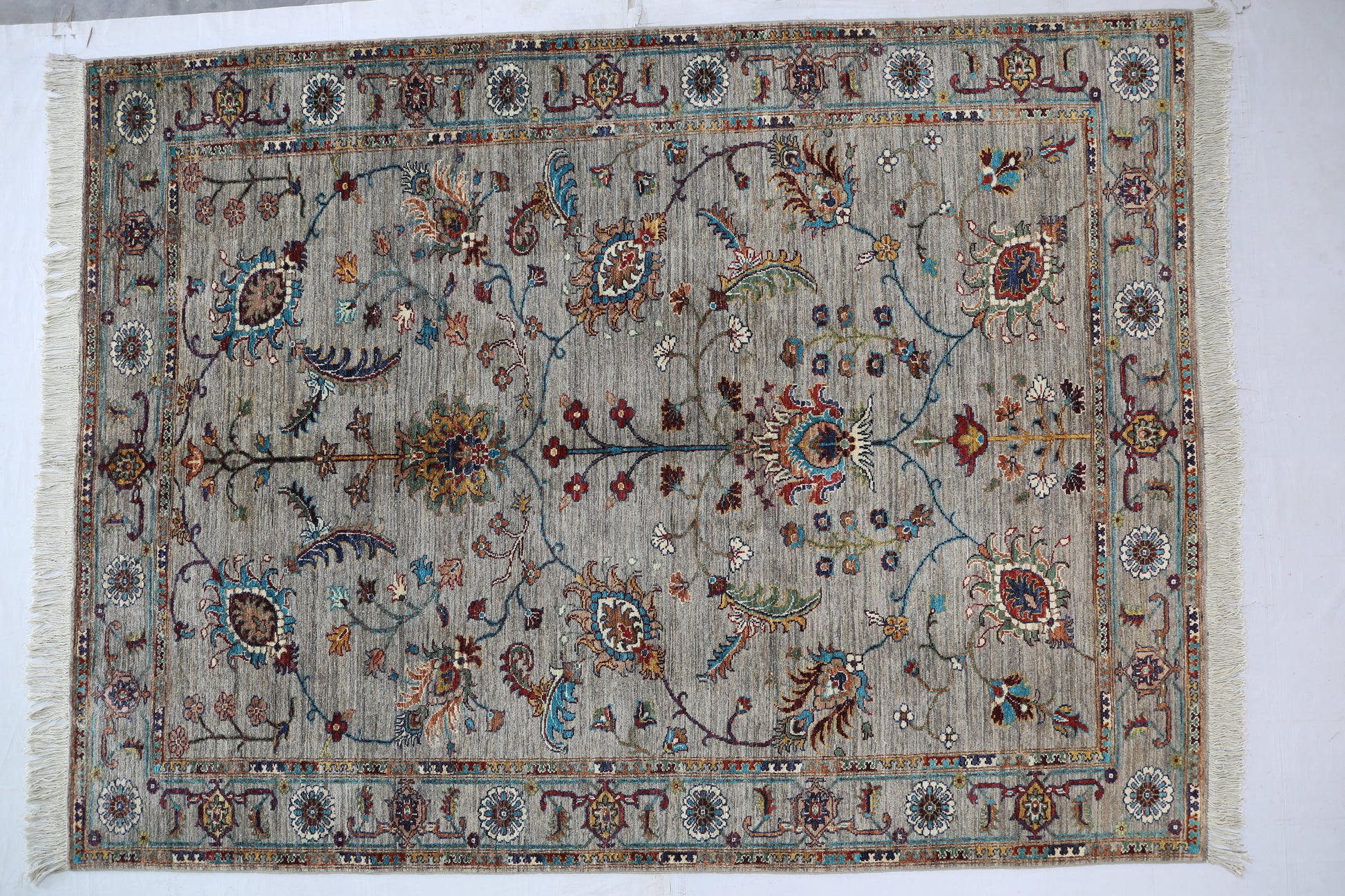 brown & teal premium handwoven pure wool sultani rug, 5ft 8in x 7ft 8in