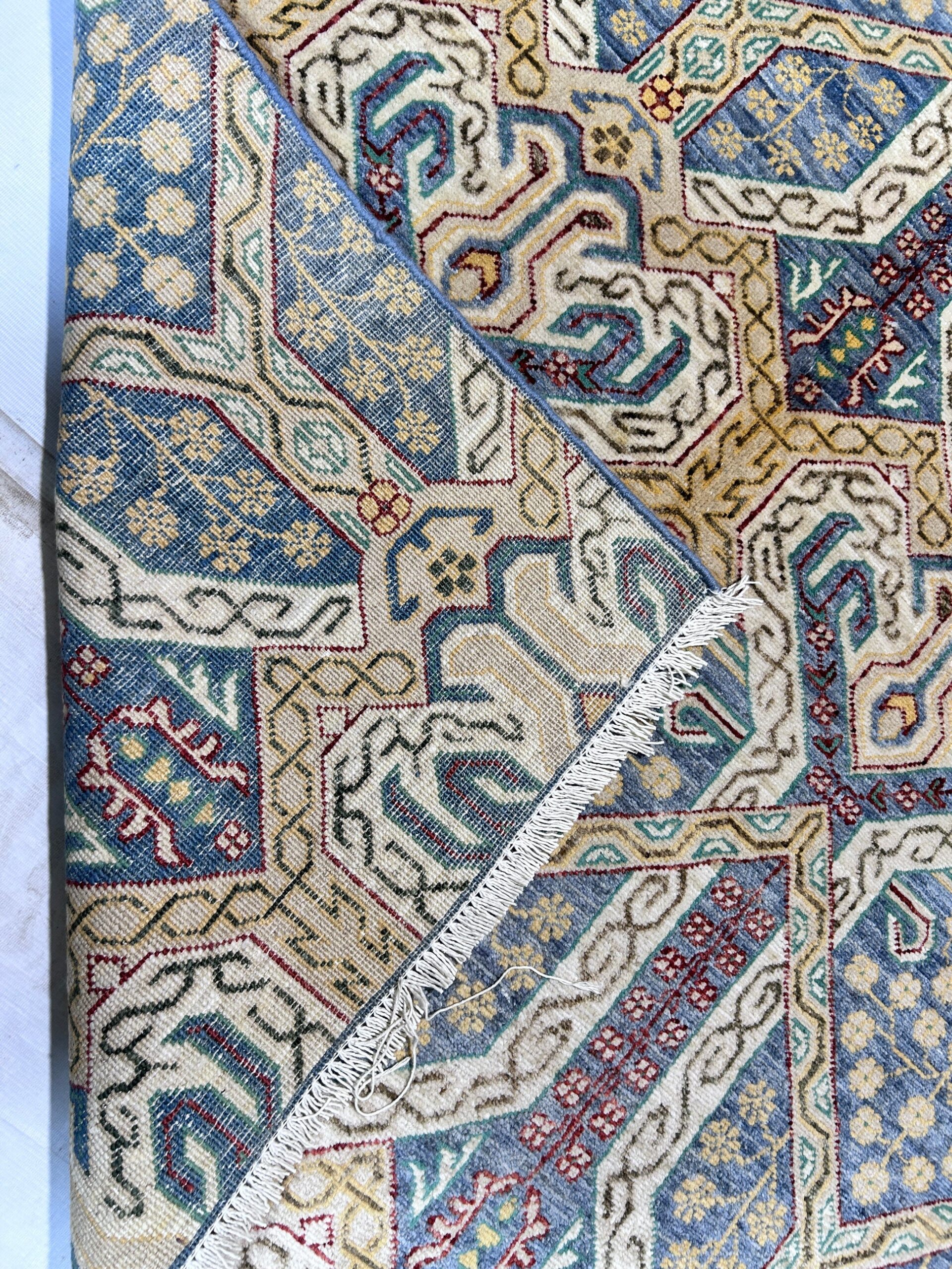 blue & ivory premium handwoven pure wool chobrang rug, 3ft 11in x 5ft 11in