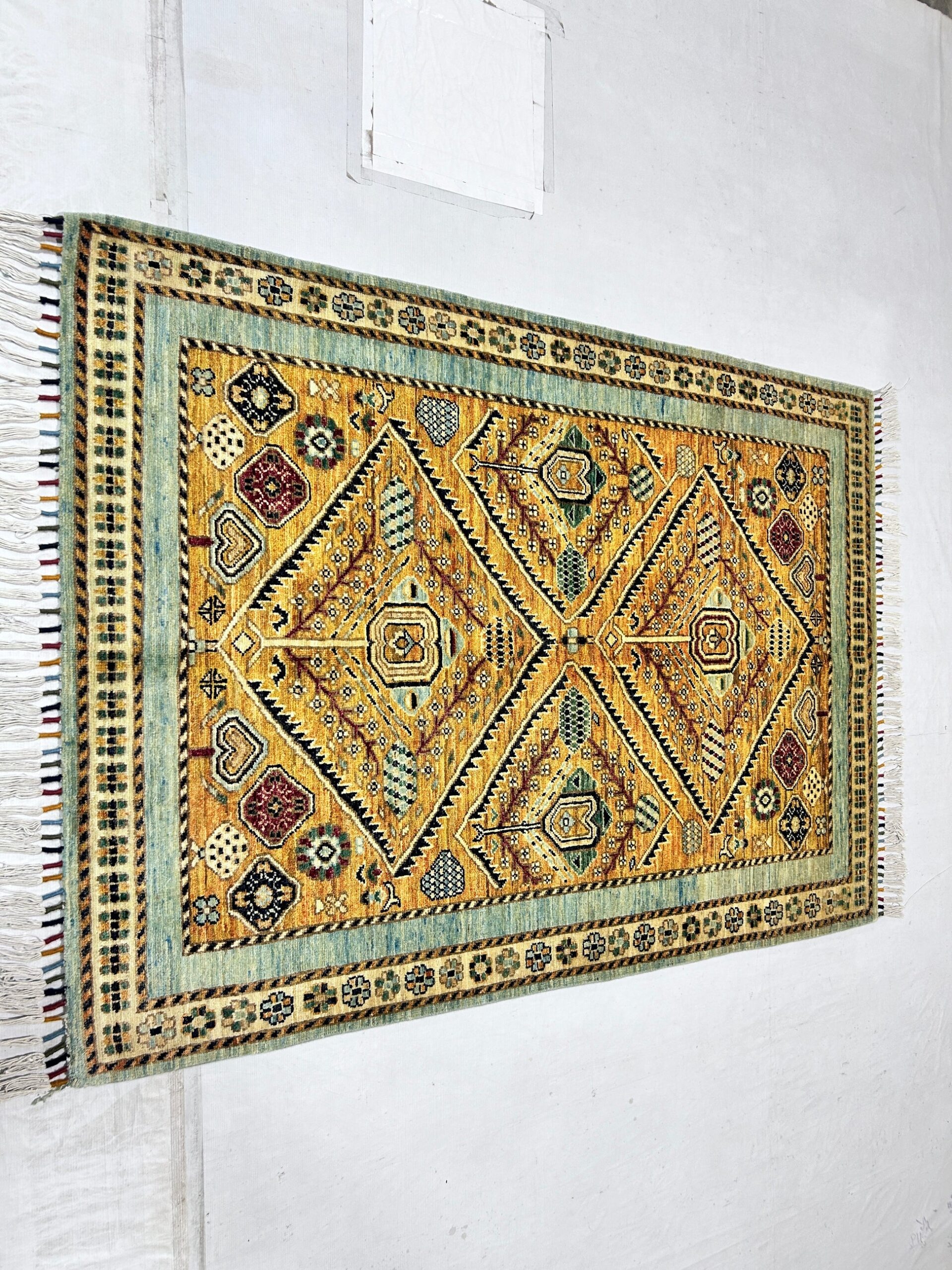 sky blue & orange premium handwoven pure wool chobrang rug, 4ft 0in x 5ft 9in