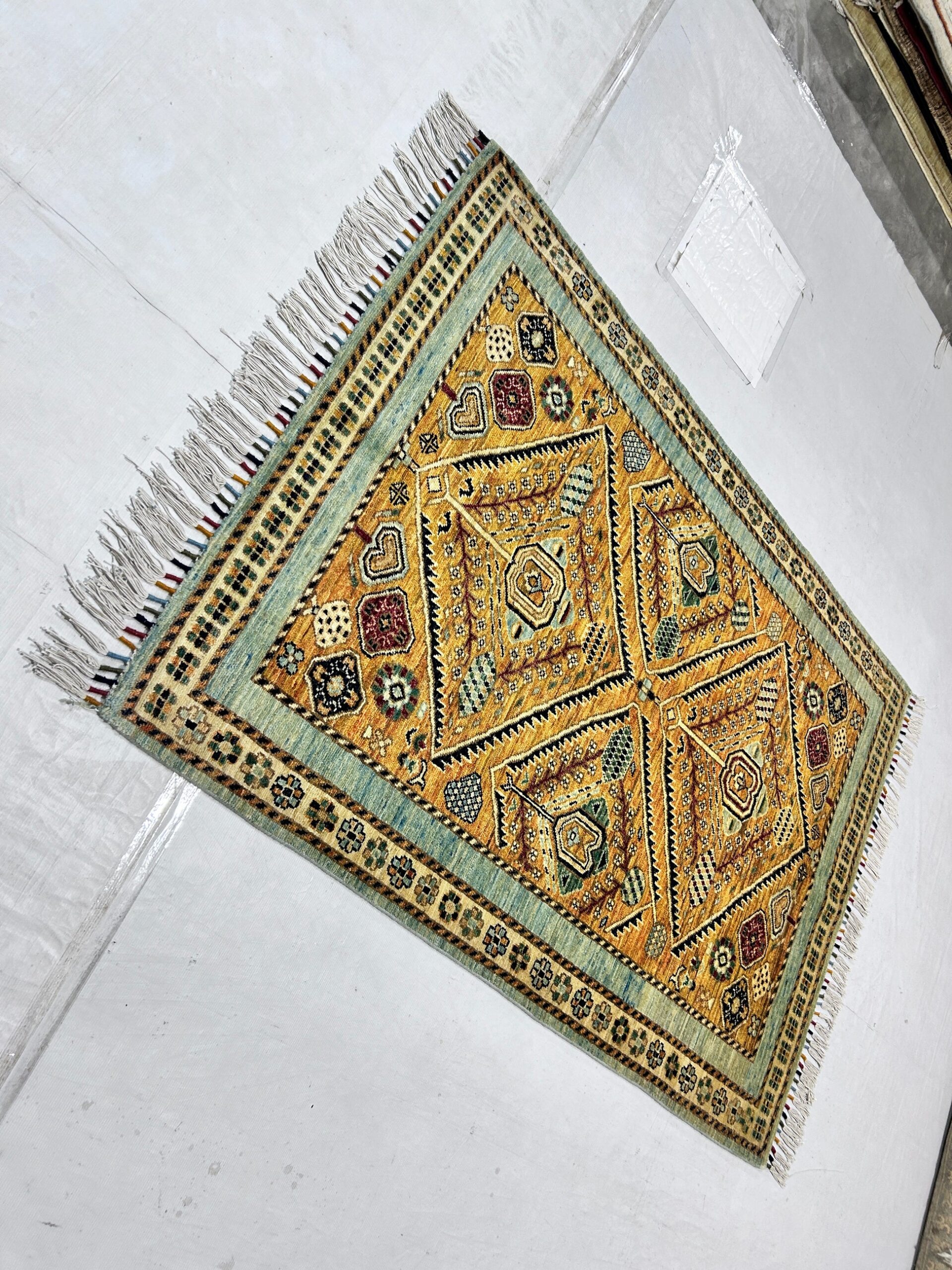 sky blue & orange premium handwoven pure wool chobrang rug, 4ft 0in x 5ft 9in