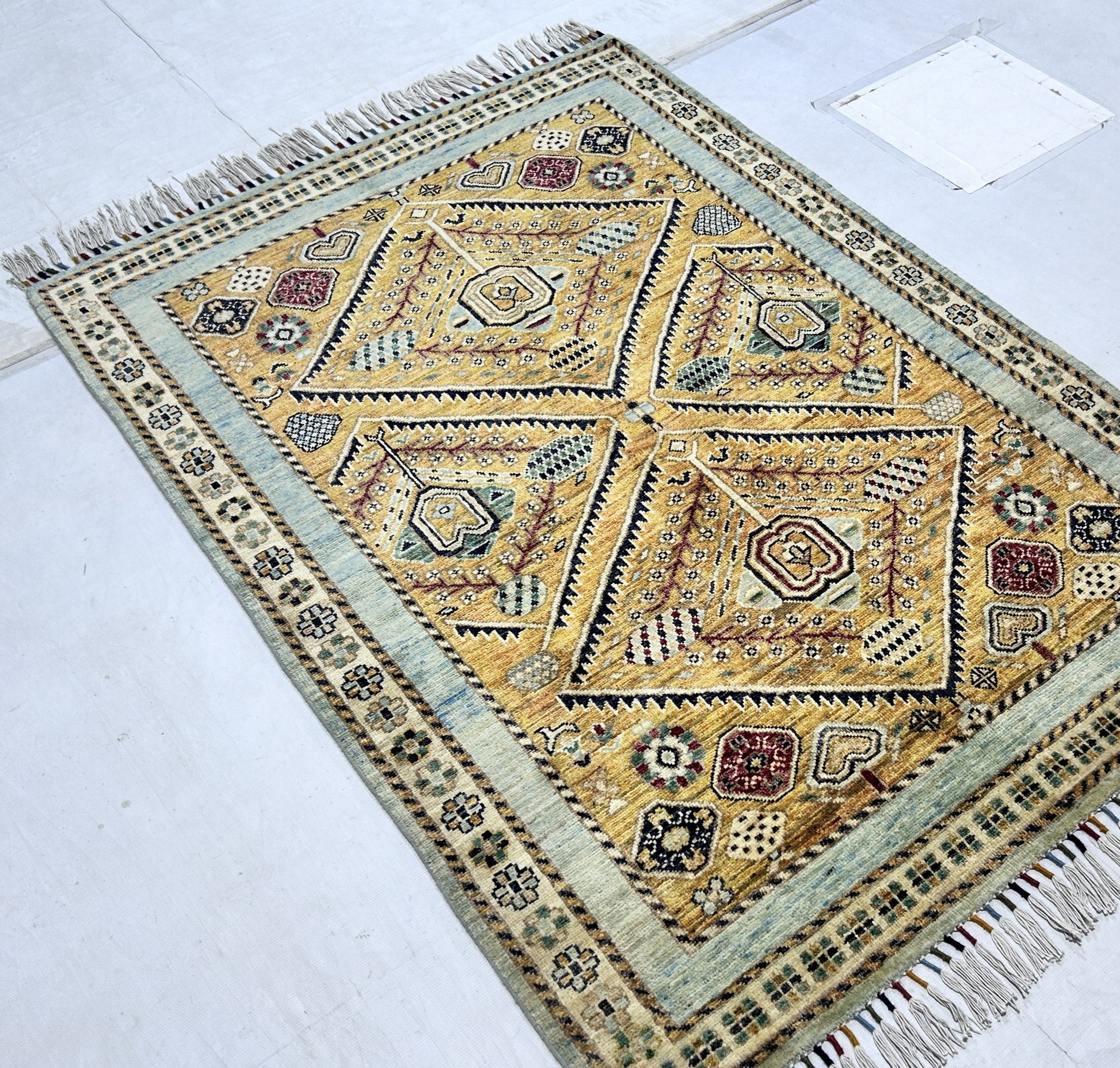 sky blue & orange premium handwoven pure wool chobrang rug, 4ft 0in x 5ft 9in