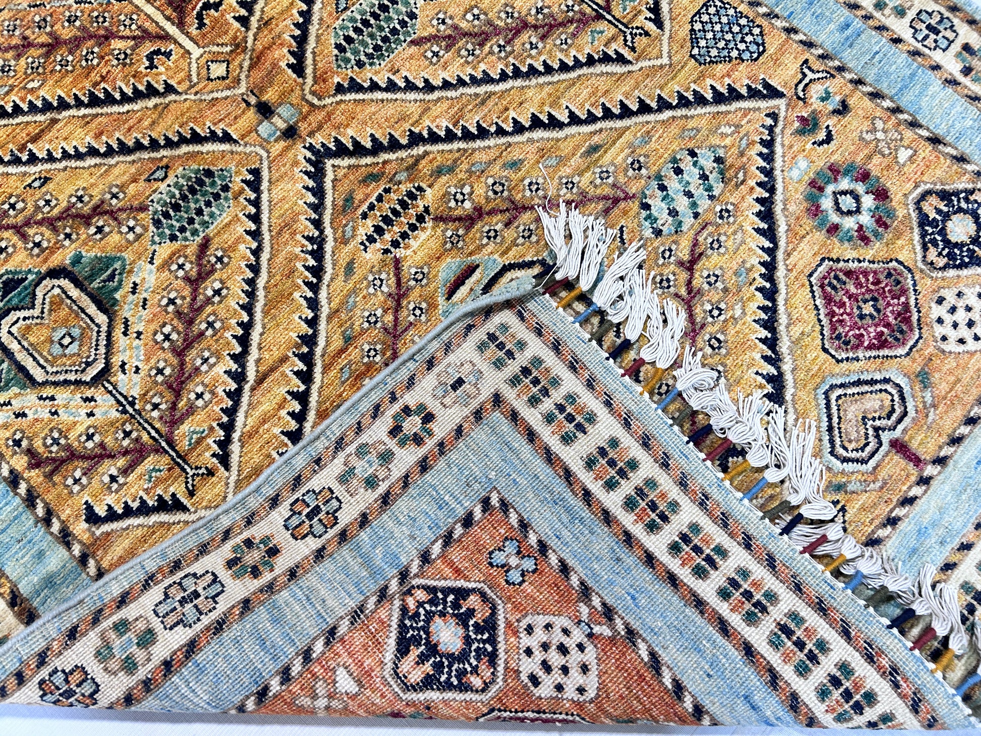 sky blue & orange premium handwoven pure wool chobrang rug, 4ft 0in x 5ft 9in