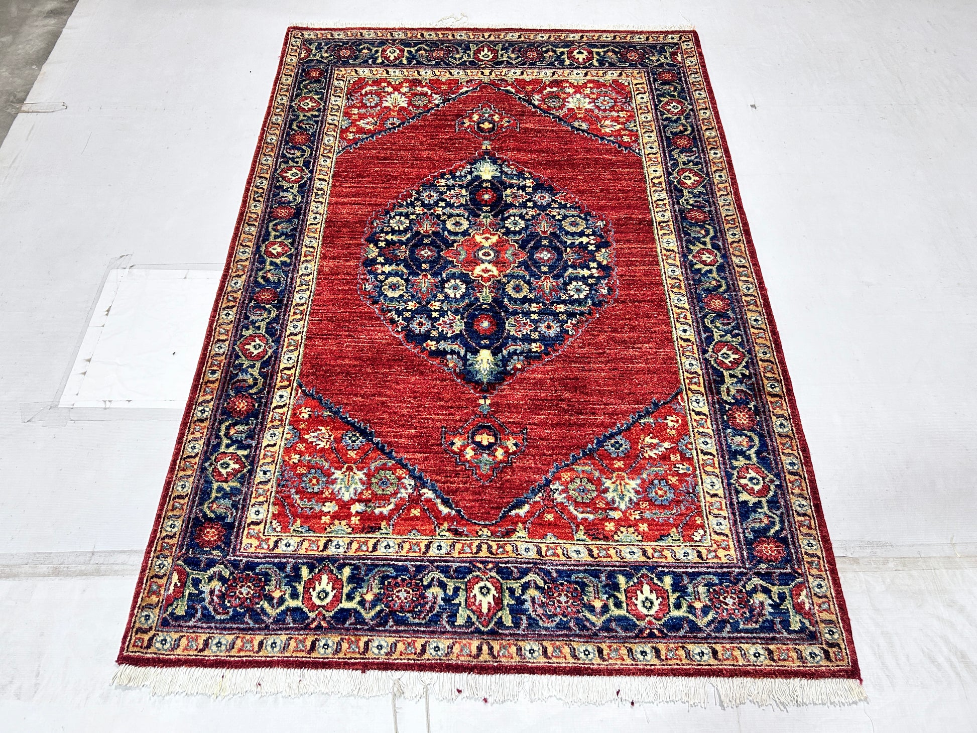 rust & navy blue premium handwoven pure wool chobrang rug, 4ft 0in x 5ft 10in