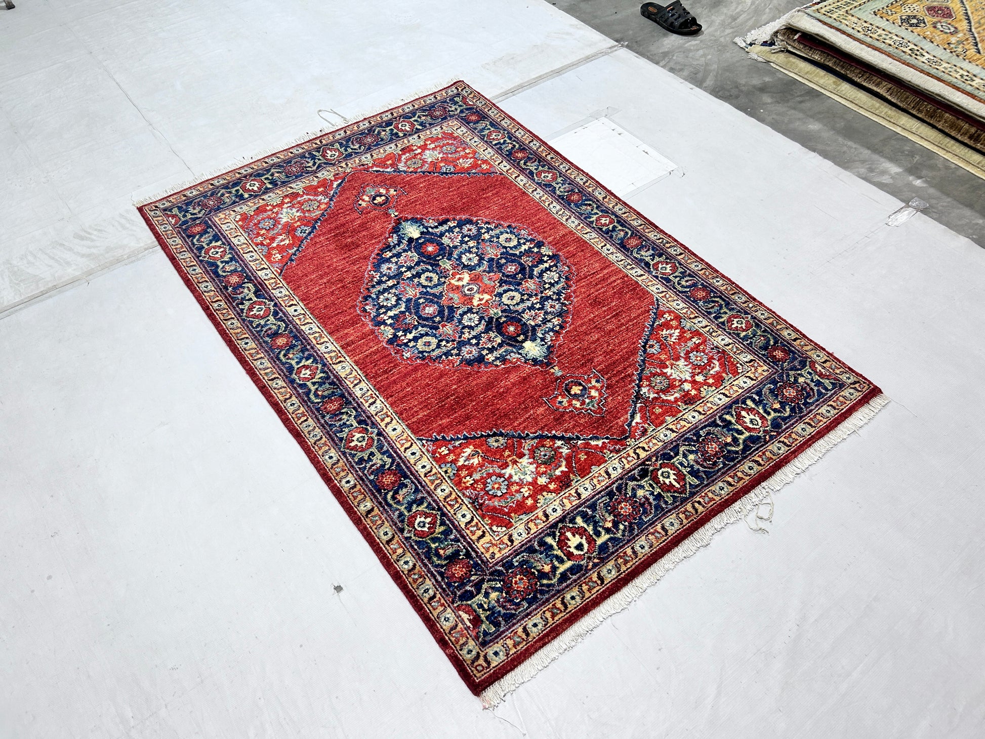 rust & navy blue premium handwoven pure wool chobrang rug, 4ft 0in x 5ft 10in