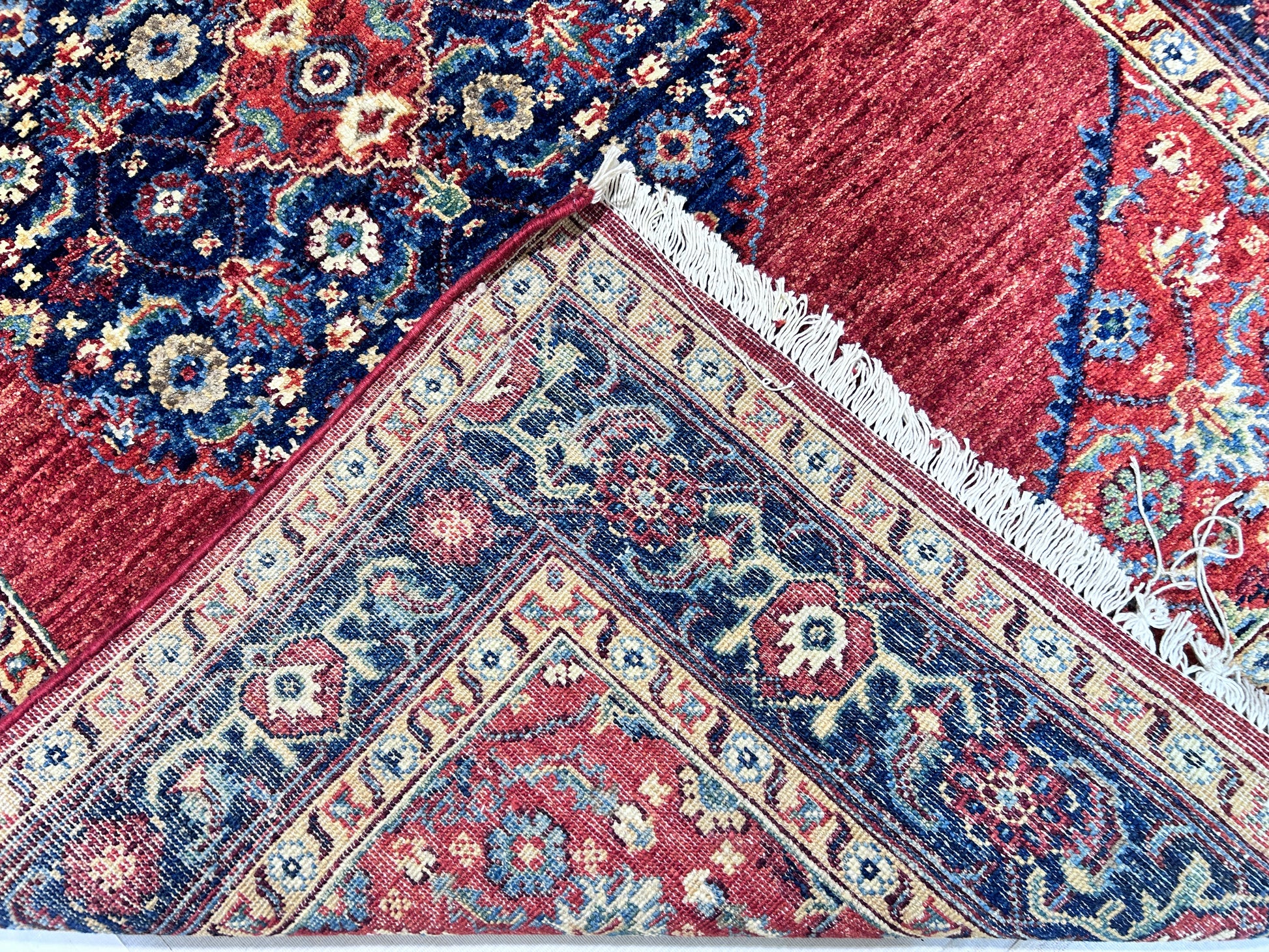 rust & navy blue premium handwoven pure wool chobrang rug, 4ft 0in x 5ft 10in