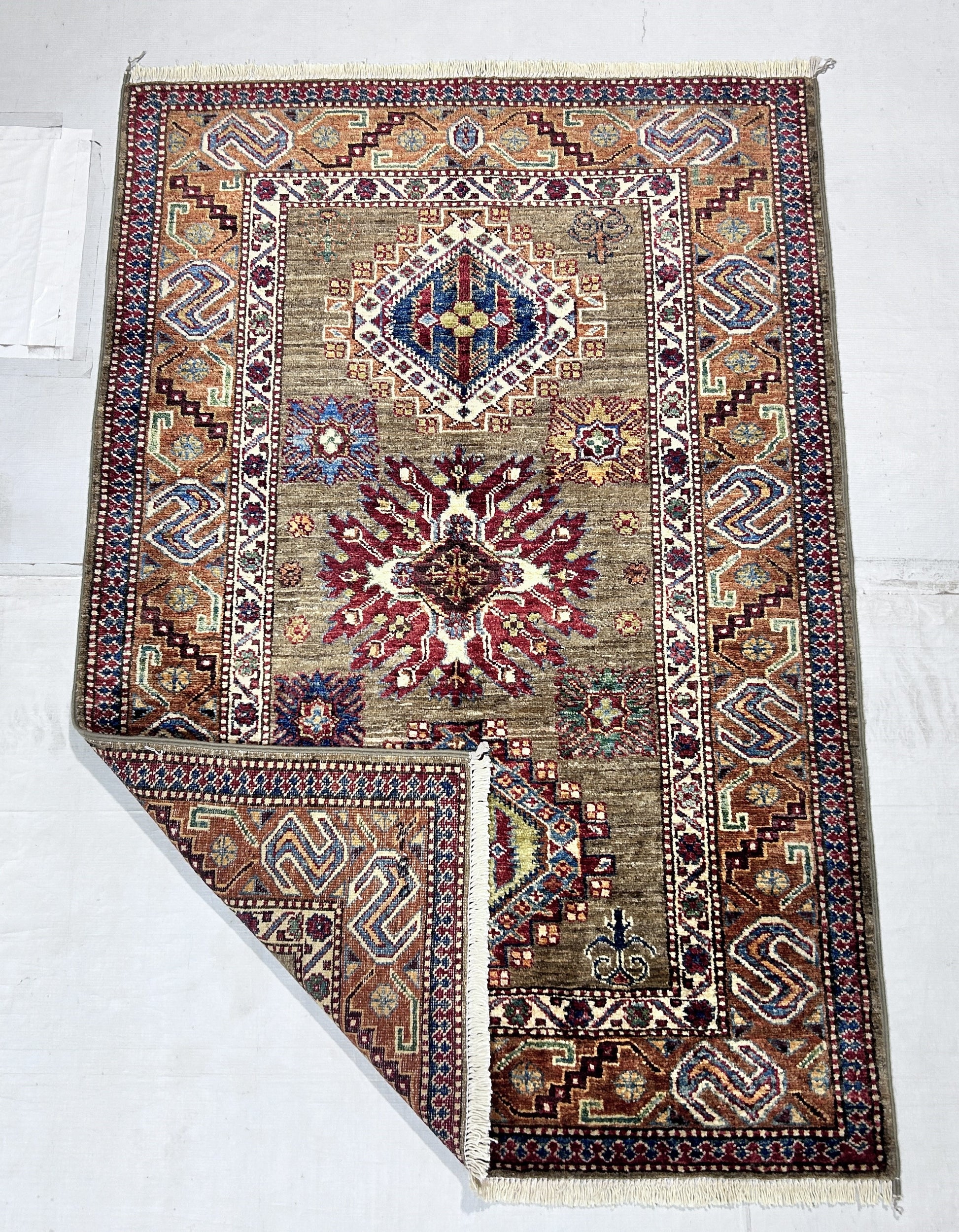 brown & rust premium handwoven pure wool super kazak rug, 3ft 4in x 4ft 11in