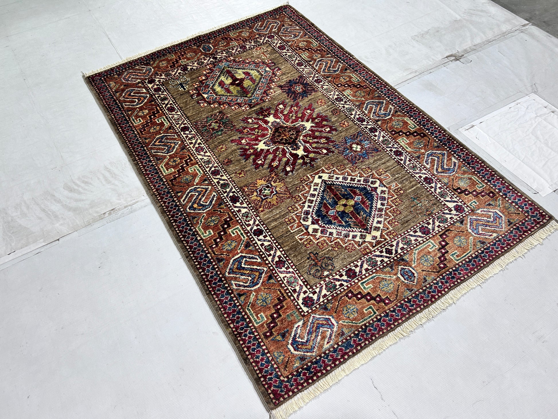 brown & rust premium handwoven pure wool super kazak rug, 3ft 4in x 4ft 11in
