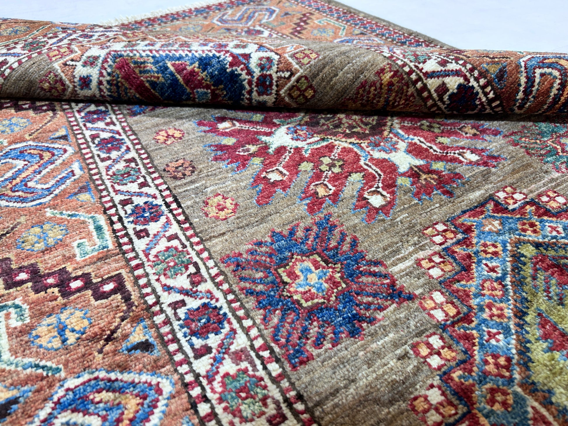 brown & rust premium handwoven pure wool super kazak rug, 3ft 4in x 4ft 11in
