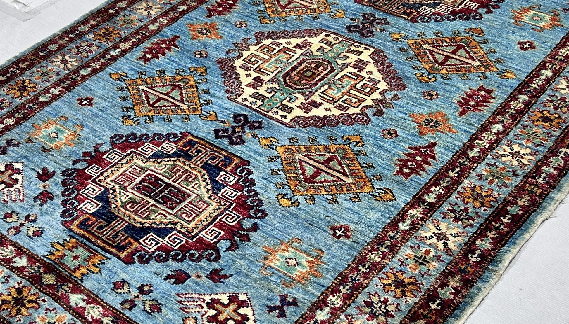 blue & red premium handwoven pure wool super kazak rug, 3ft 4in x 4ft 11in