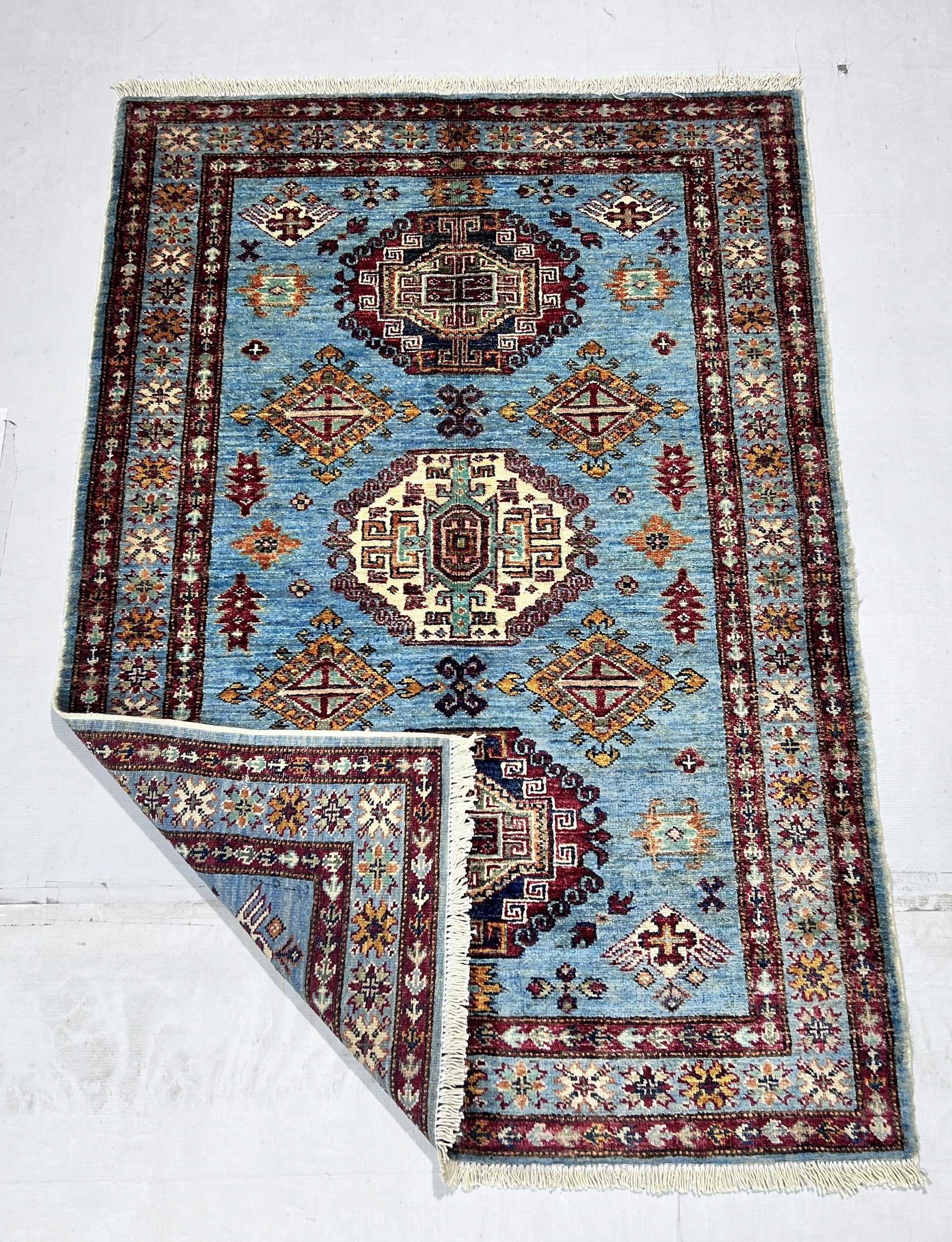 blue & red premium handwoven pure wool super kazak rug, 3ft 4in x 4ft 11in