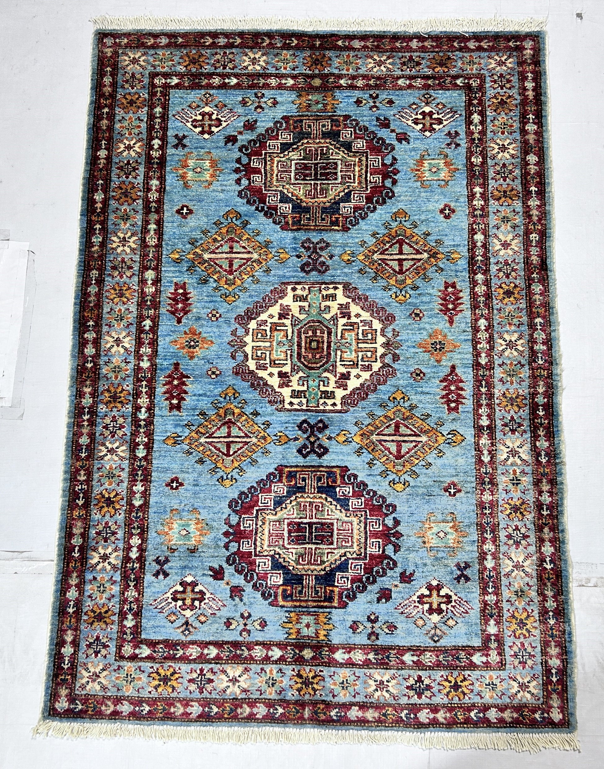 blue & red premium handwoven pure wool super kazak rug, 3ft 4in x 4ft 11in