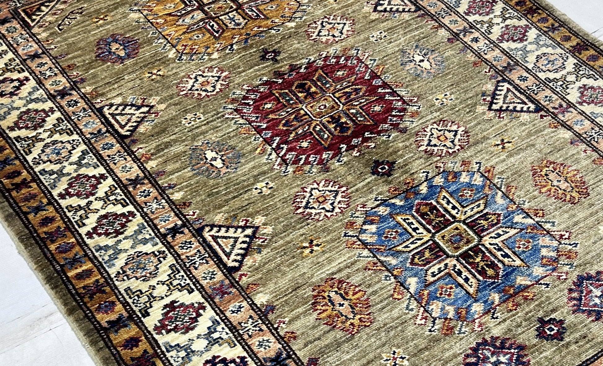 brown & ivory premium handwoven pure wool super kazak rug, 3ft 6in x 5ft 0in