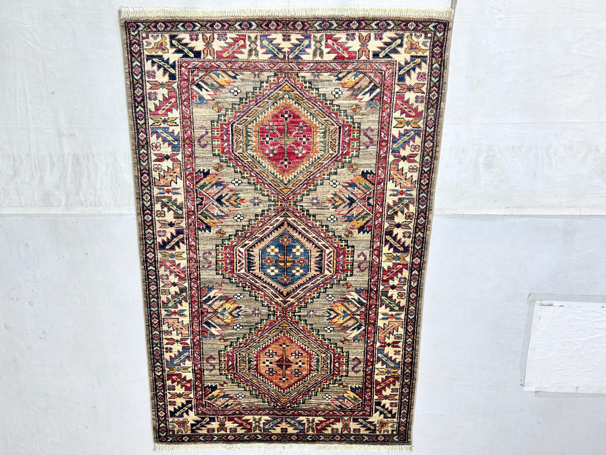 brown & ivory premium handwoven pure wool super kazak rug, 3ft 4in x 5ft 0in