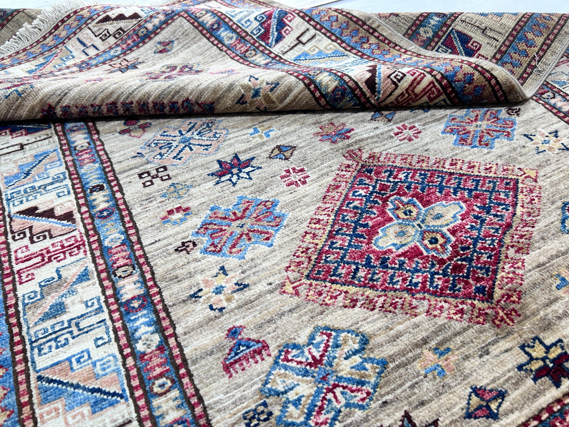 brown & ivory premium handwoven pure wool super kazak rug, 3ft 4in x 5ft 1in