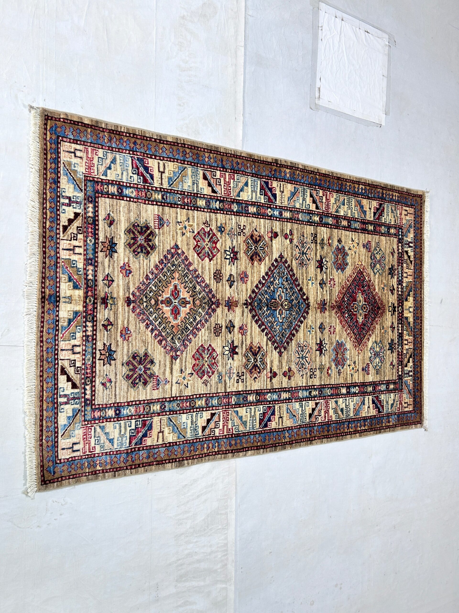 brown & ivory premium handwoven pure wool super kazak rug, 3ft 4in x 5ft 1in