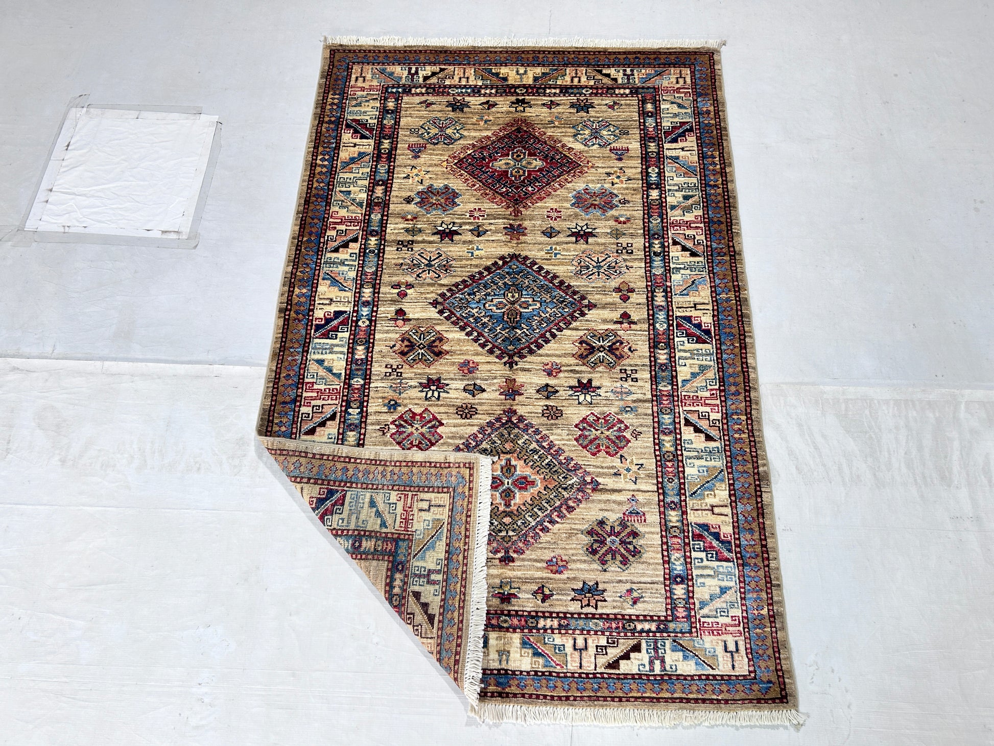 brown & ivory premium handwoven pure wool super kazak rug, 3ft 4in x 5ft 1in