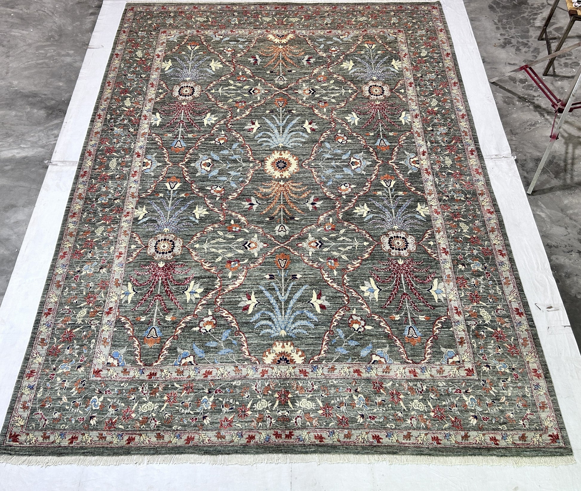 sage & sky blue premium handwoven pure wool chobrang rug, 9ft 0in x 12ft 0in