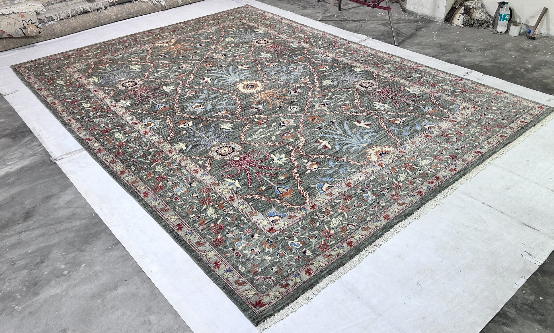 sage & sky blue premium handwoven pure wool chobrang rug, 9ft 0in x 12ft 0in
