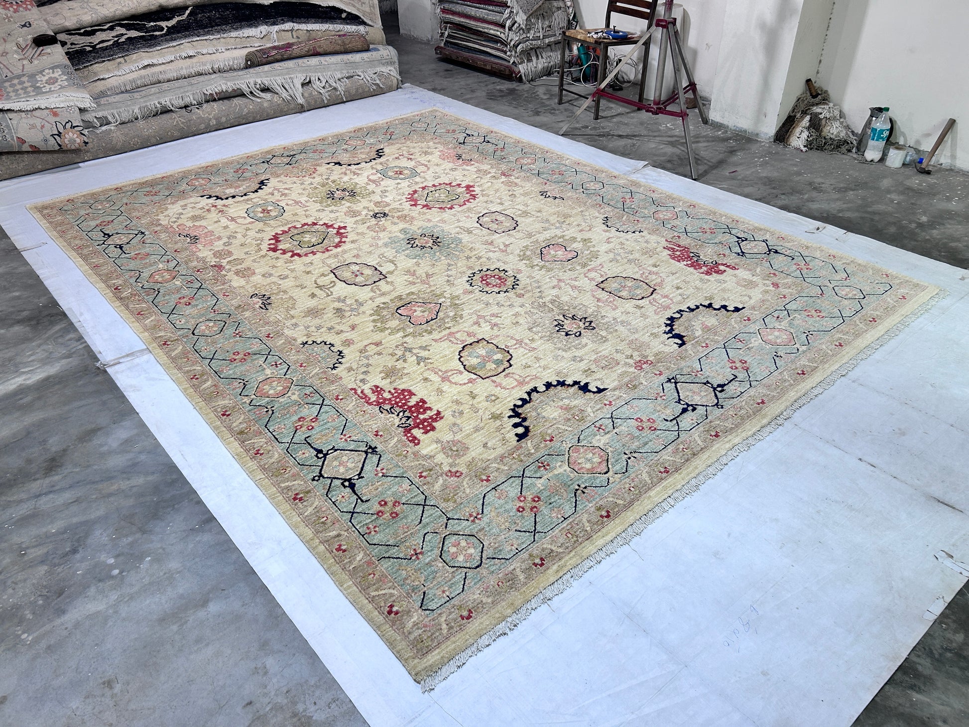 beige & sky blue premium handwoven pure wool bijar rug, 9ft 1in x 11ft 10in