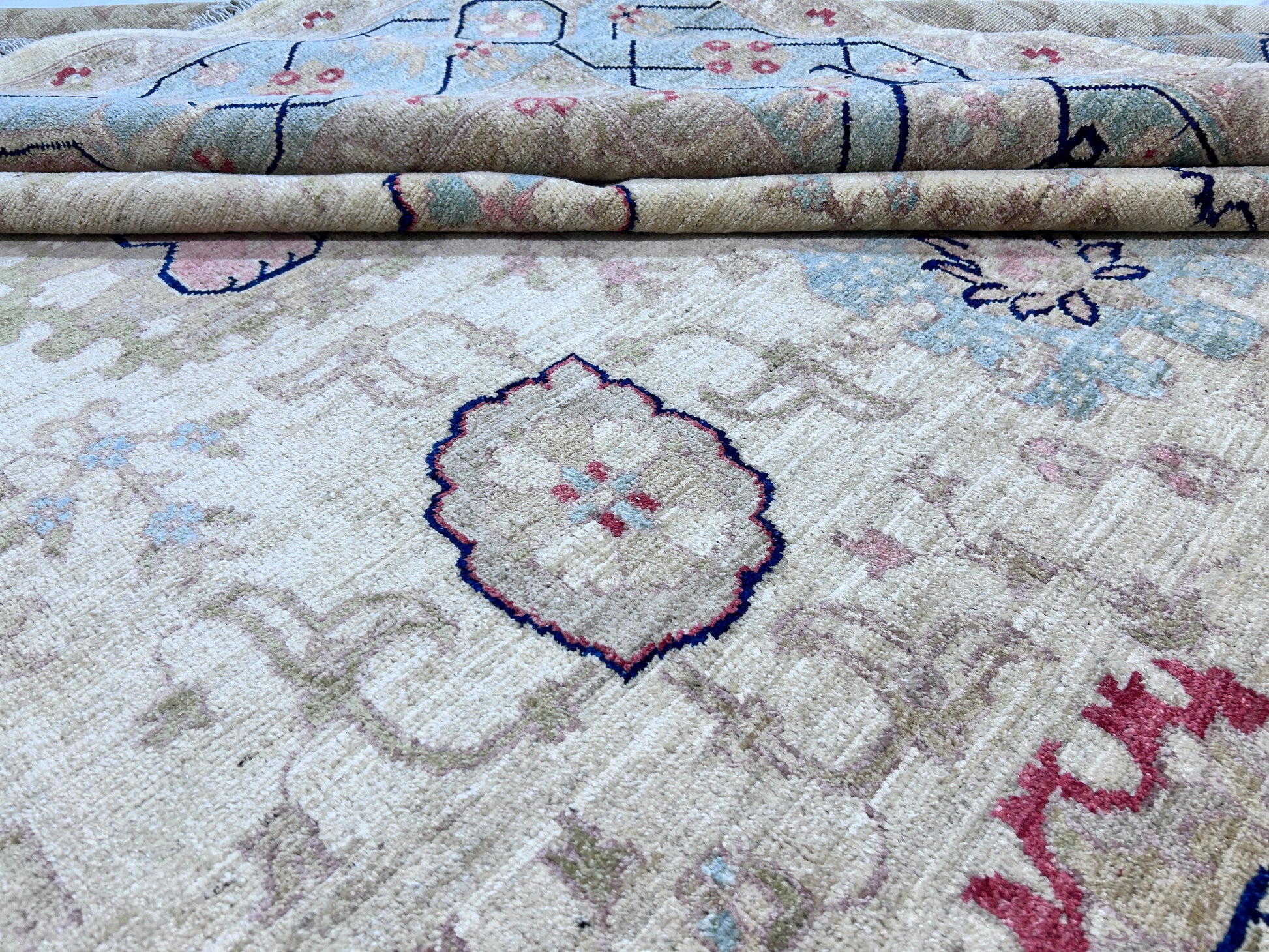 beige & sky blue premium handwoven pure wool bijar rug, 9ft 1in x 11ft 10in