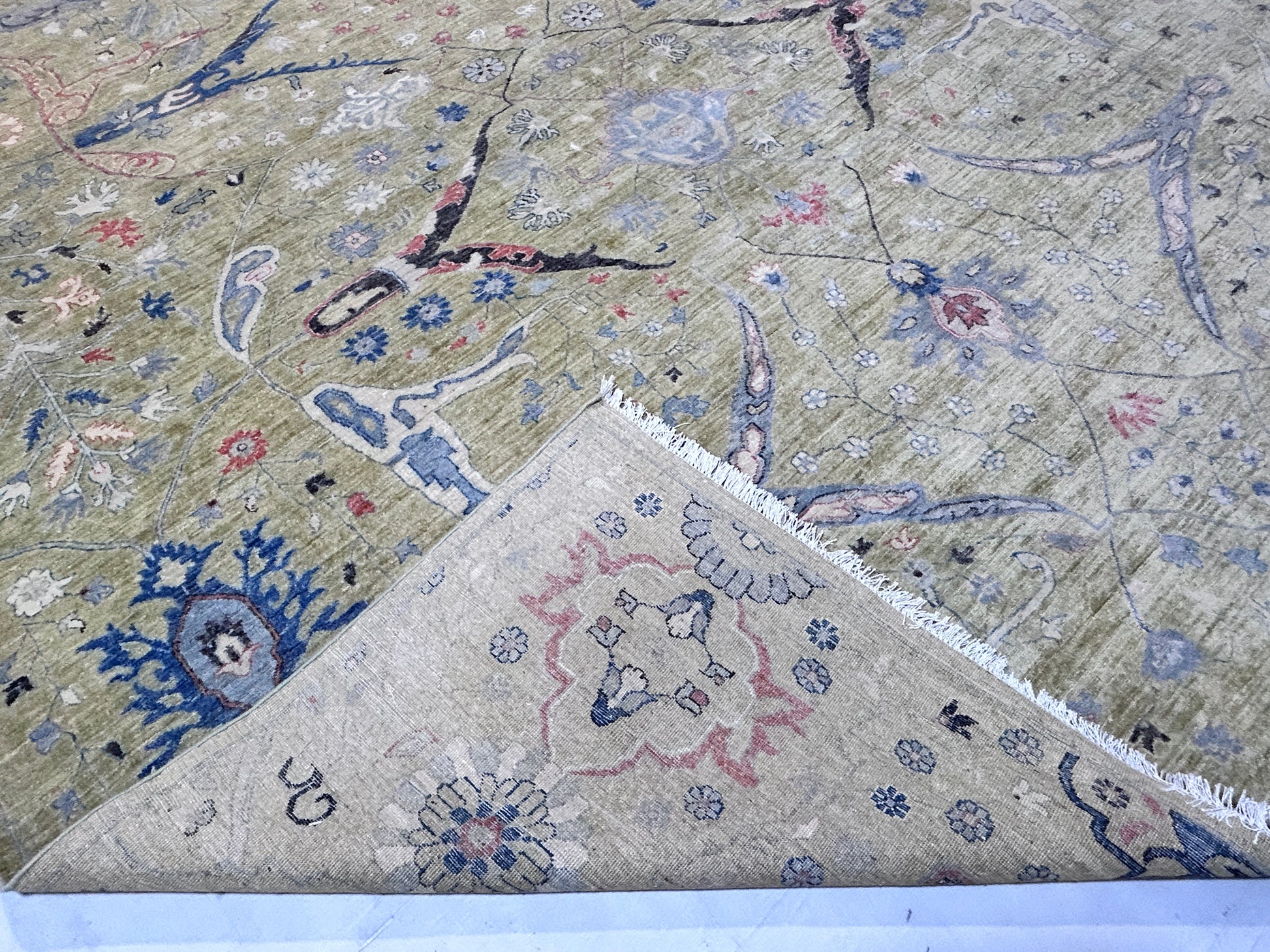 sage & blue premium handwoven pure wool bijar rug, 9ft 10in x 13ft 7in
