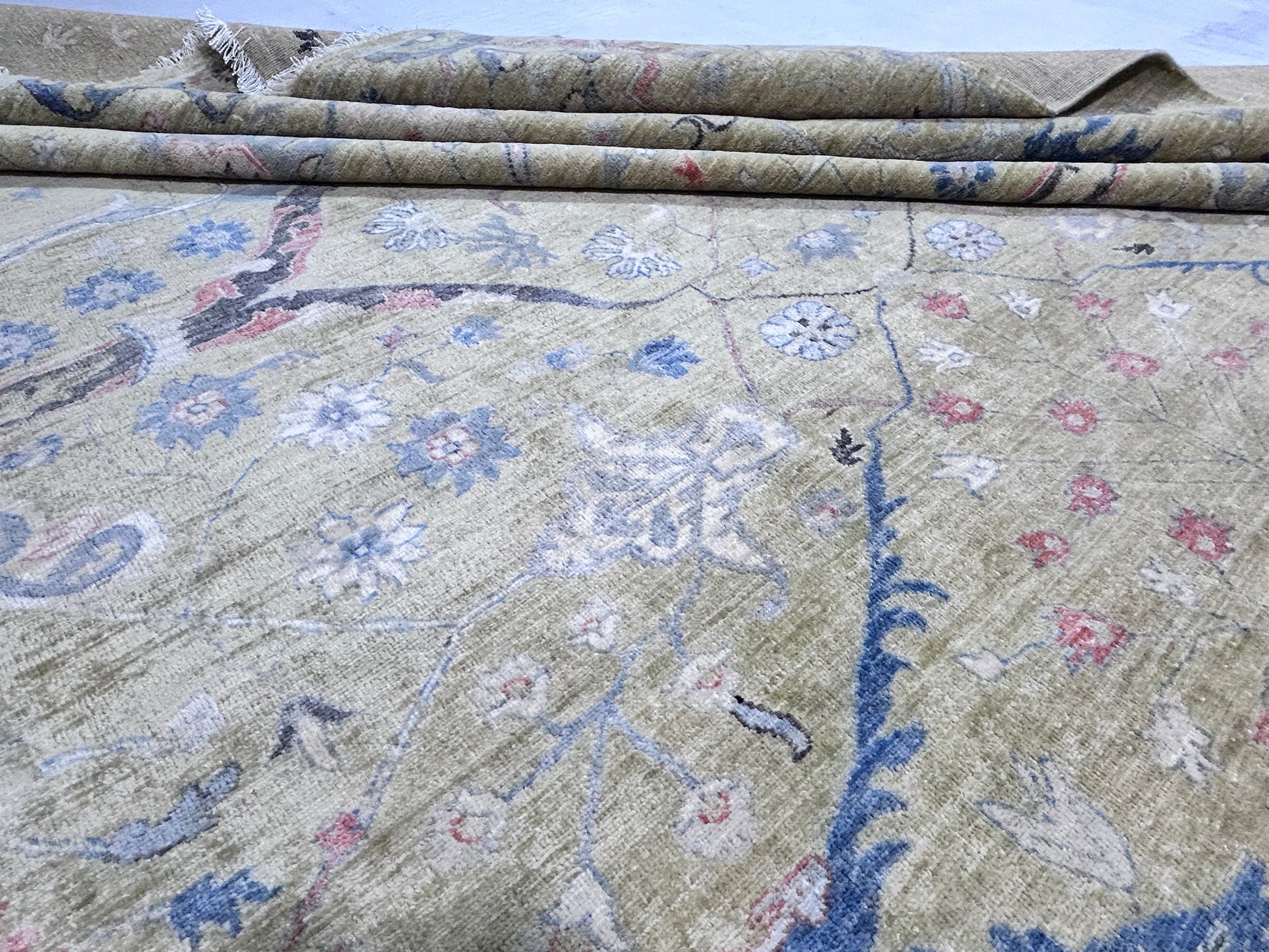 sage & blue premium handwoven pure wool bijar rug, 9ft 10in x 13ft 7in