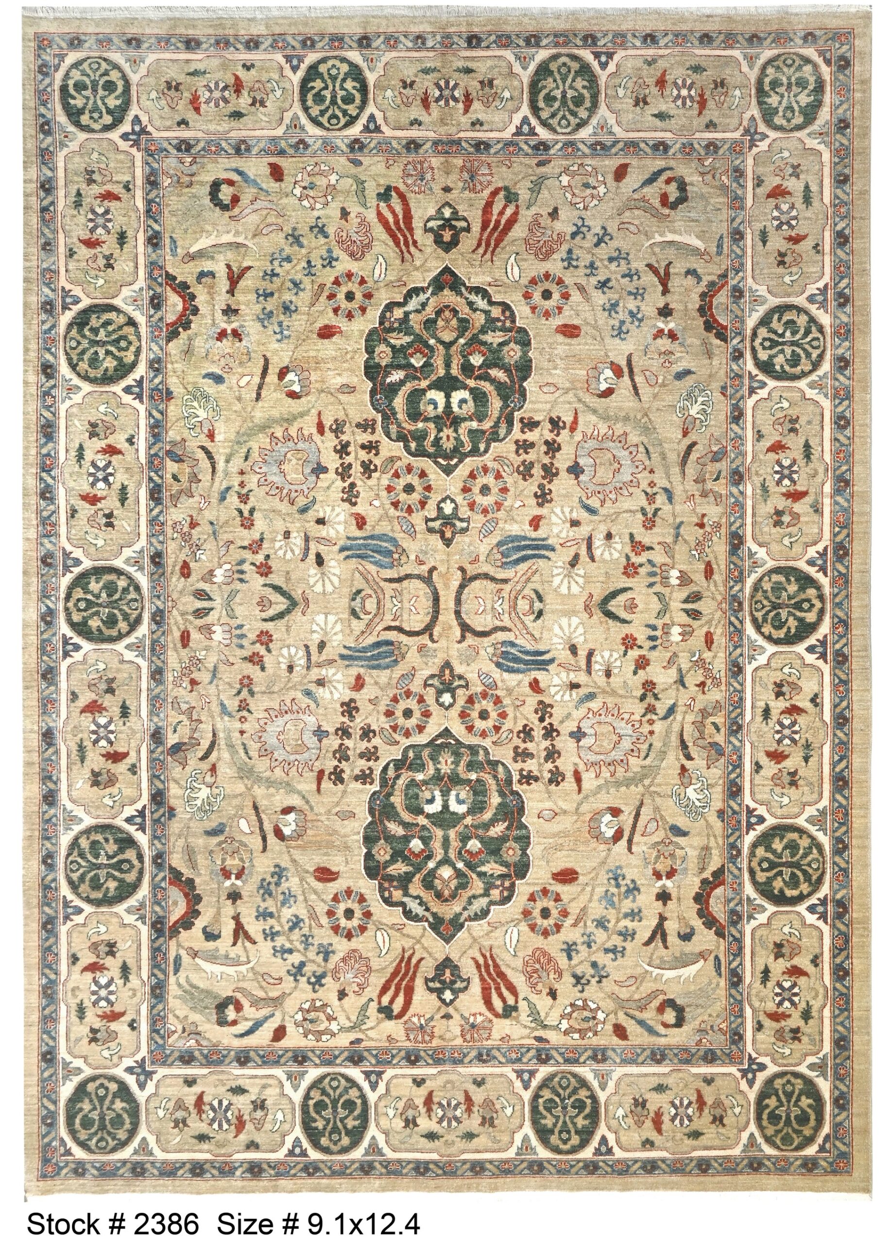 pistachio & ivory premium handwoven pure wool herati rug, 9ft 1in x 12ft 4in