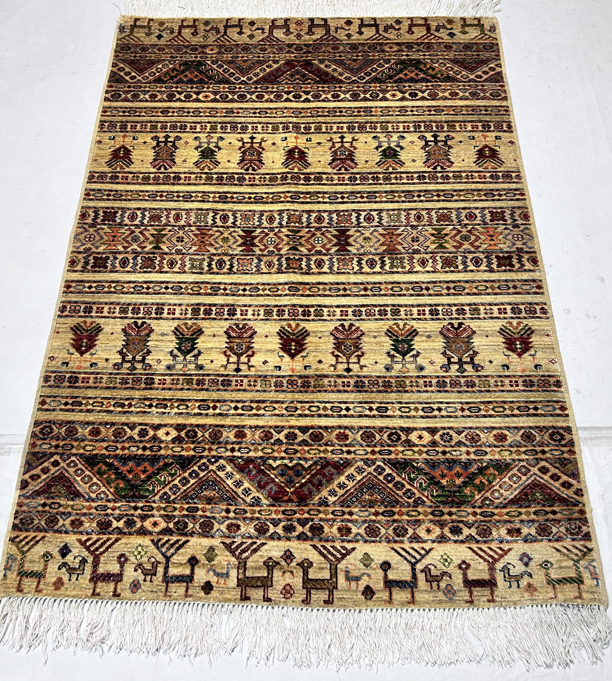 beige & red premium handwoven pure wool gaba rug, 4ft 0in x 6ft 0in