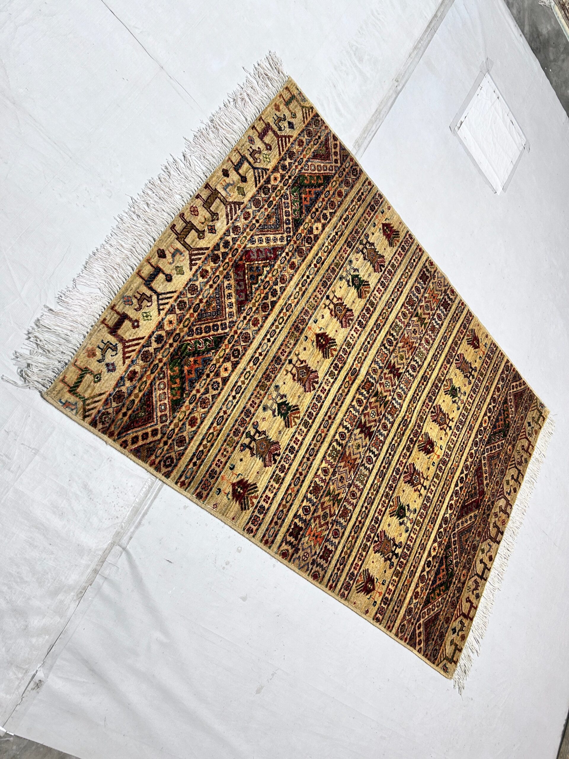 beige & red premium handwoven pure wool gaba rug, 4ft 0in x 6ft 0in
