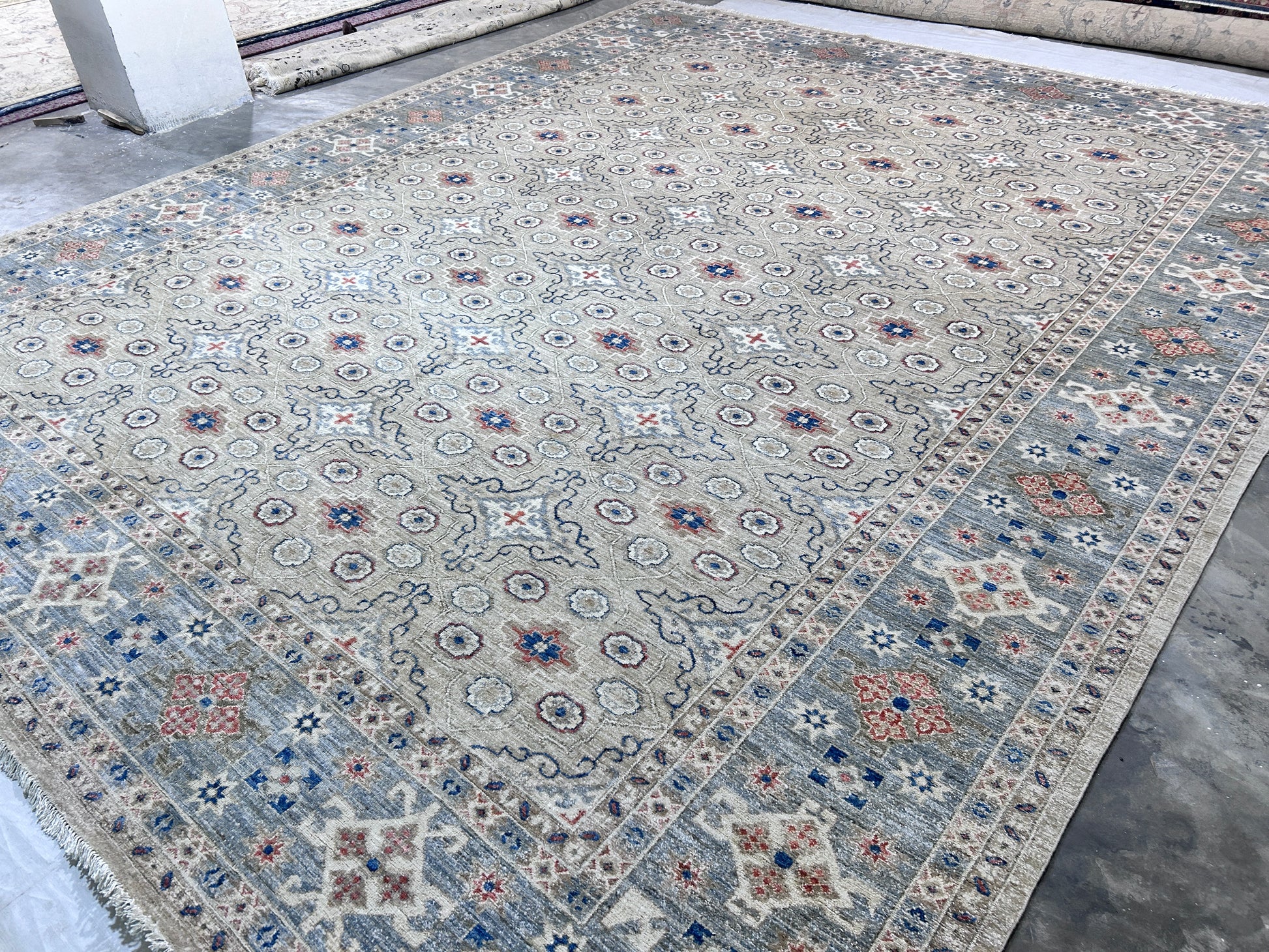 beige & grey premium handwoven pure wool chobrang rug, 12ft 0in x 14ft 6in