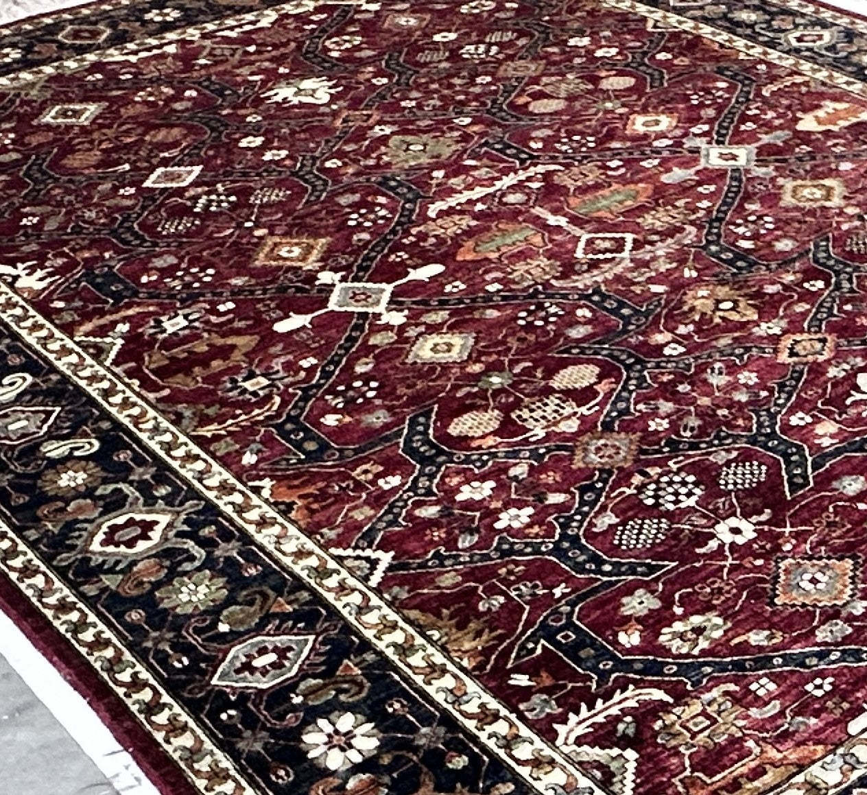 rust & navy blue premium handwoven pure wool chobrang rug, 10ft 0in x 14ft 1in