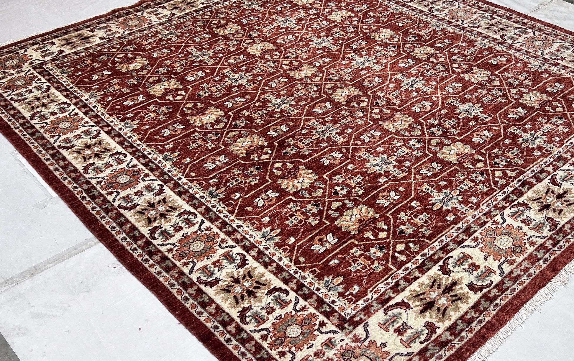 rust & ivory premium handwoven pure wool chobrang rug, 8ft 2in x 9ft 6in