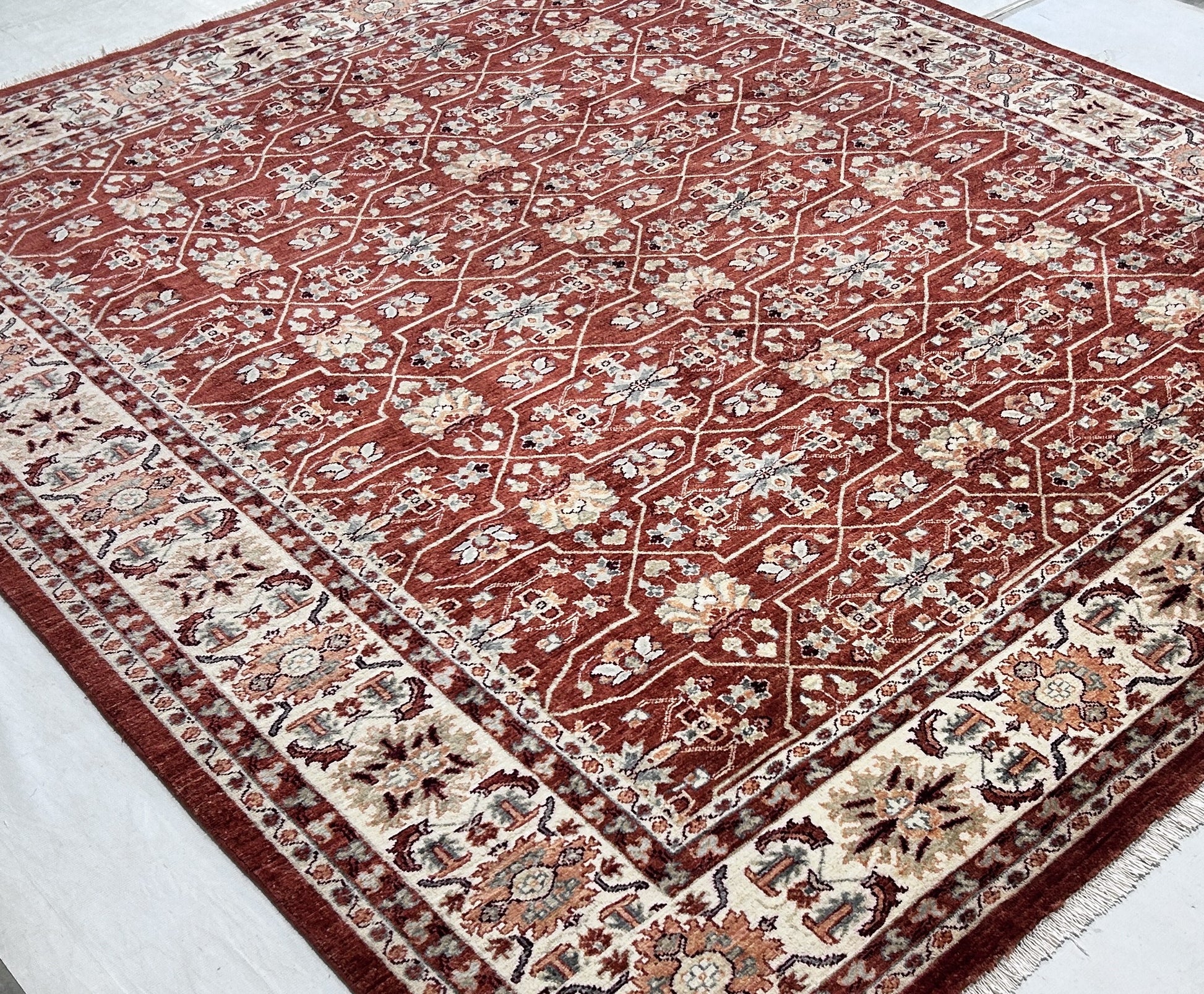 rust & ivory premium handwoven pure wool chobrang rug, 8ft 2in x 9ft 6in