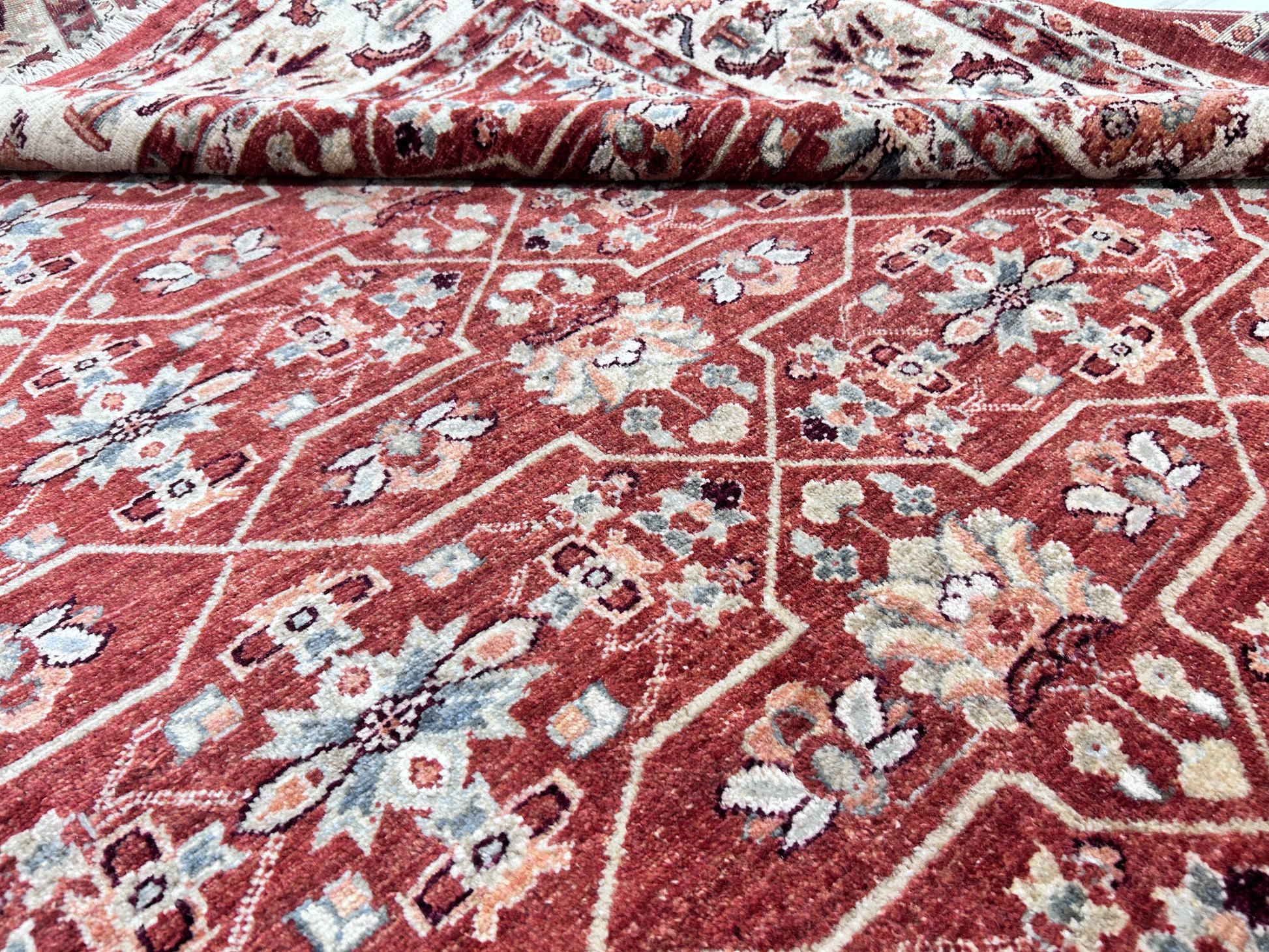 rust & ivory premium handwoven pure wool chobrang rug, 8ft 2in x 9ft 6in
