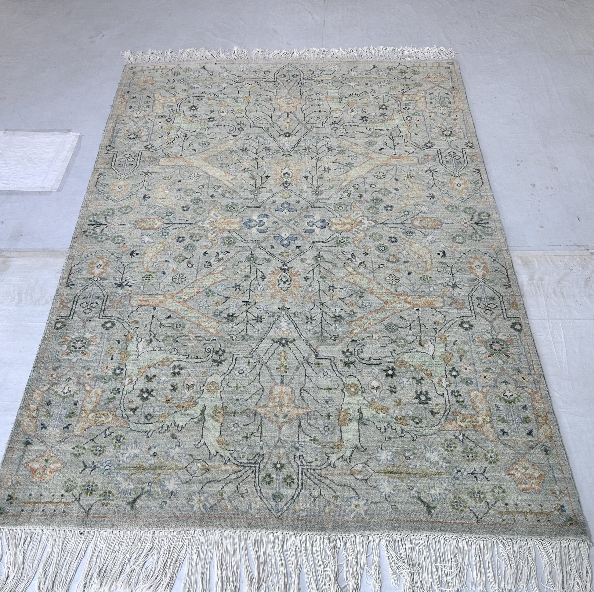 pistachio & salmon premium handwoven pure wool chobrang rug, 5ft 0in x 7ft 0in