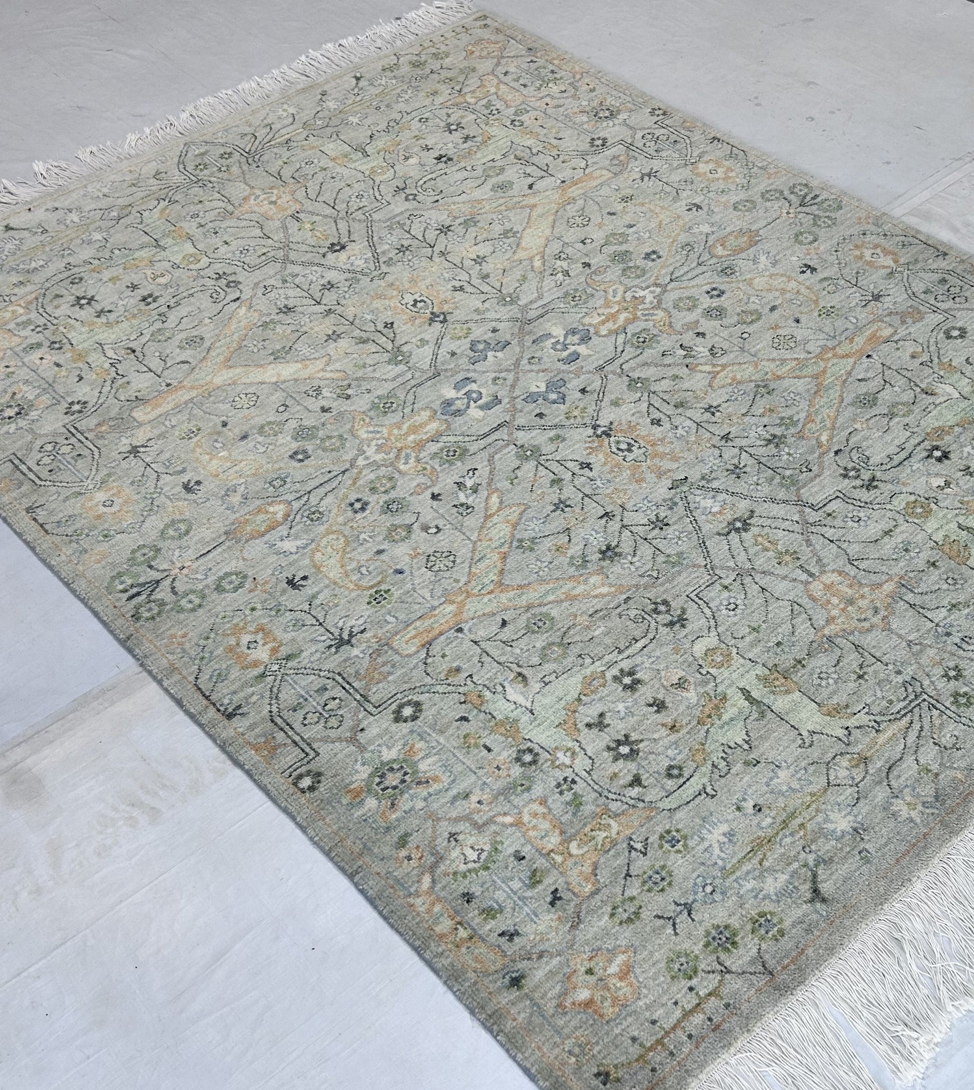 pistachio & salmon premium handwoven pure wool chobrang rug, 5ft 0in x 7ft 0in
