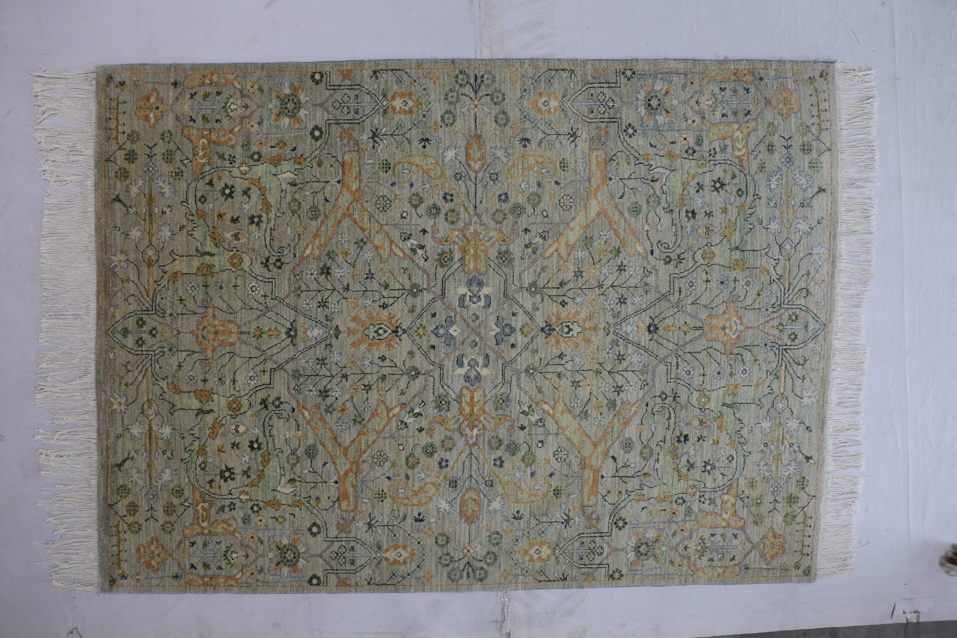 pistachio & salmon premium handwoven pure wool chobrang rug, 5ft 0in x 7ft 0in