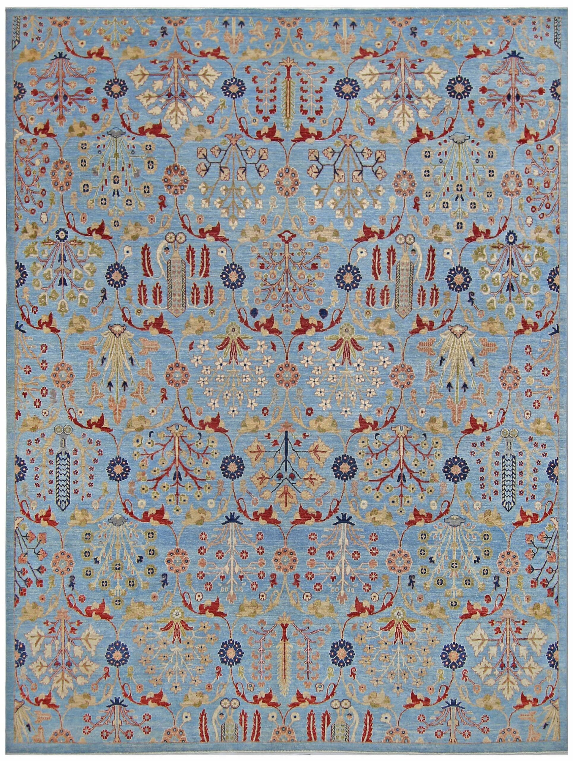 blue & ivory premium handwoven pure wool chobrang rug, 9ft 3in x 12ft 2in