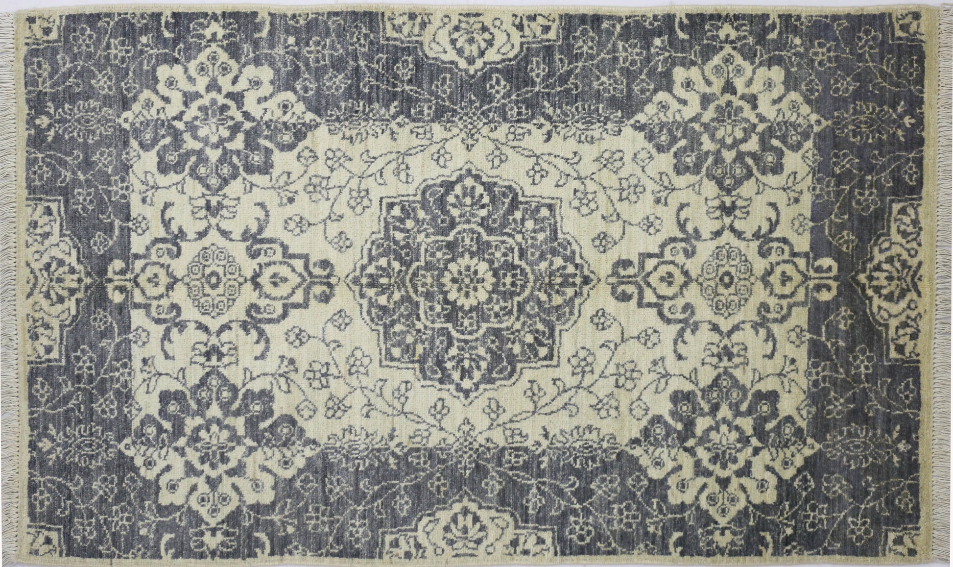 ivory & grey premium handwoven pure wool chobrang rug, 3ft 0in x 5ft 0in