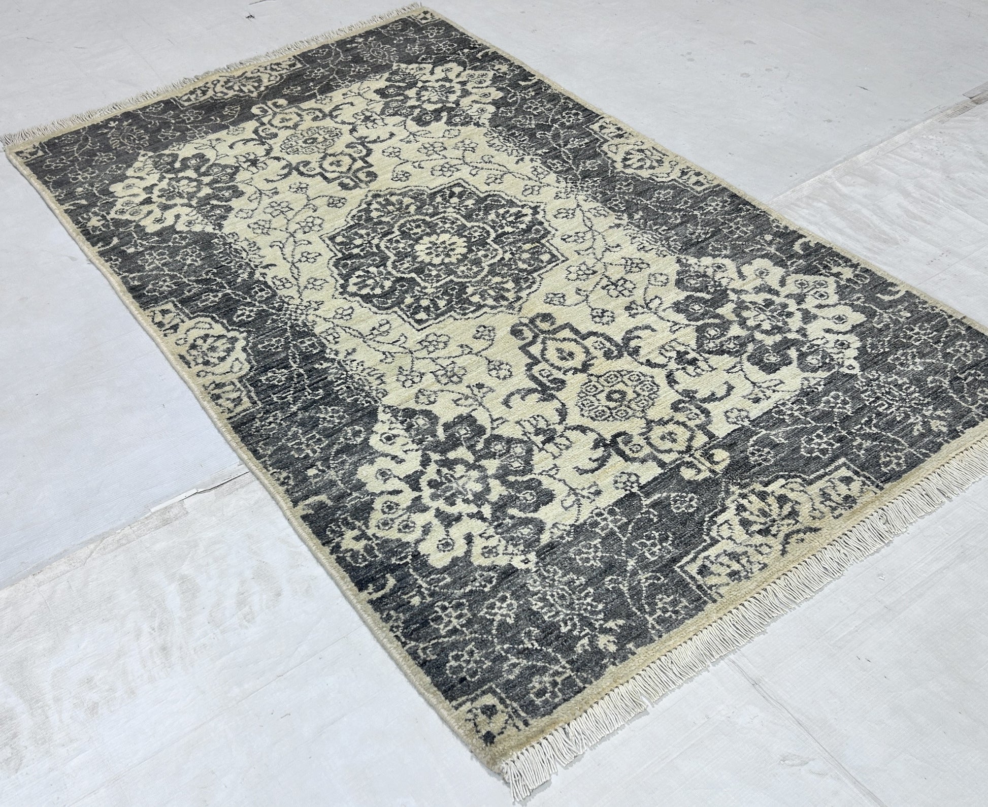 ivory & grey premium handwoven pure wool chobrang rug, 3ft 0in x 5ft 0in