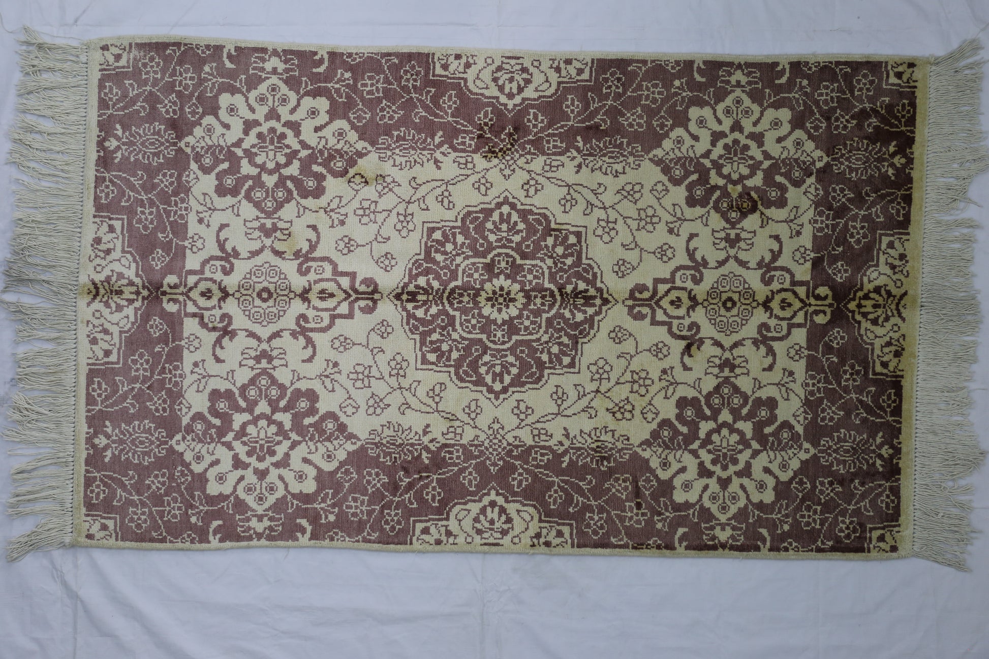 pastel pink & brick red premium handwoven pure wool chobrang rug, 3ft 1in x 5ft 1in