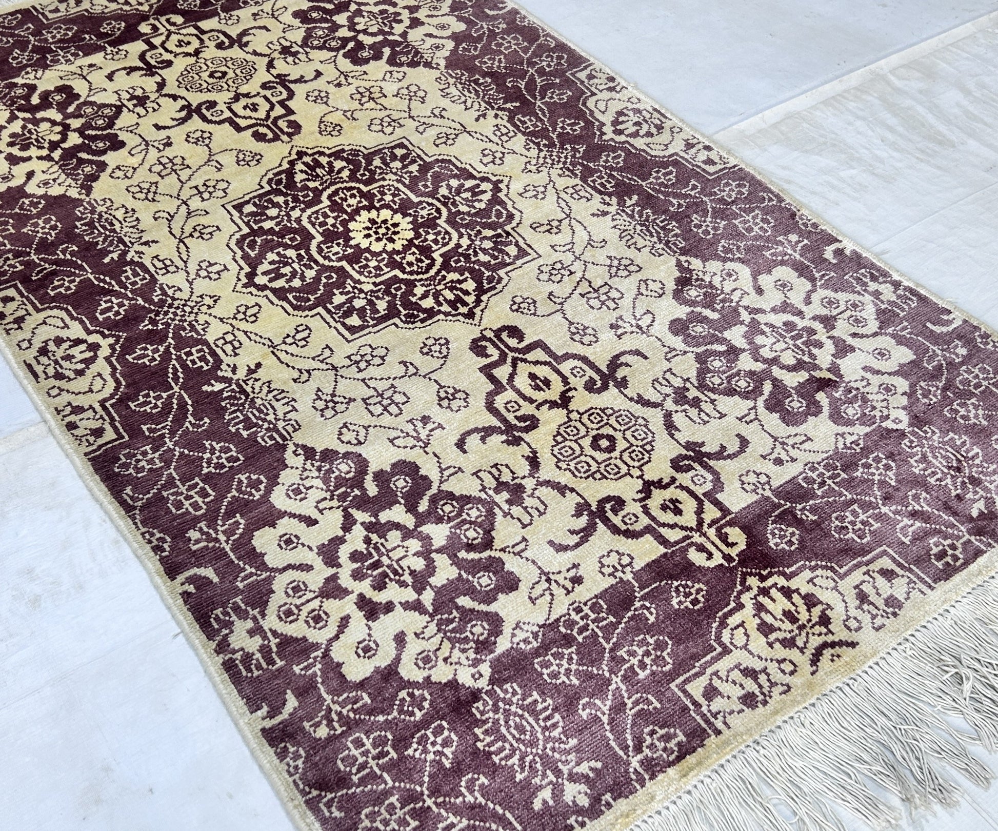 pastel pink & brick red premium handwoven pure wool chobrang rug, 3ft 1in x 5ft 1in