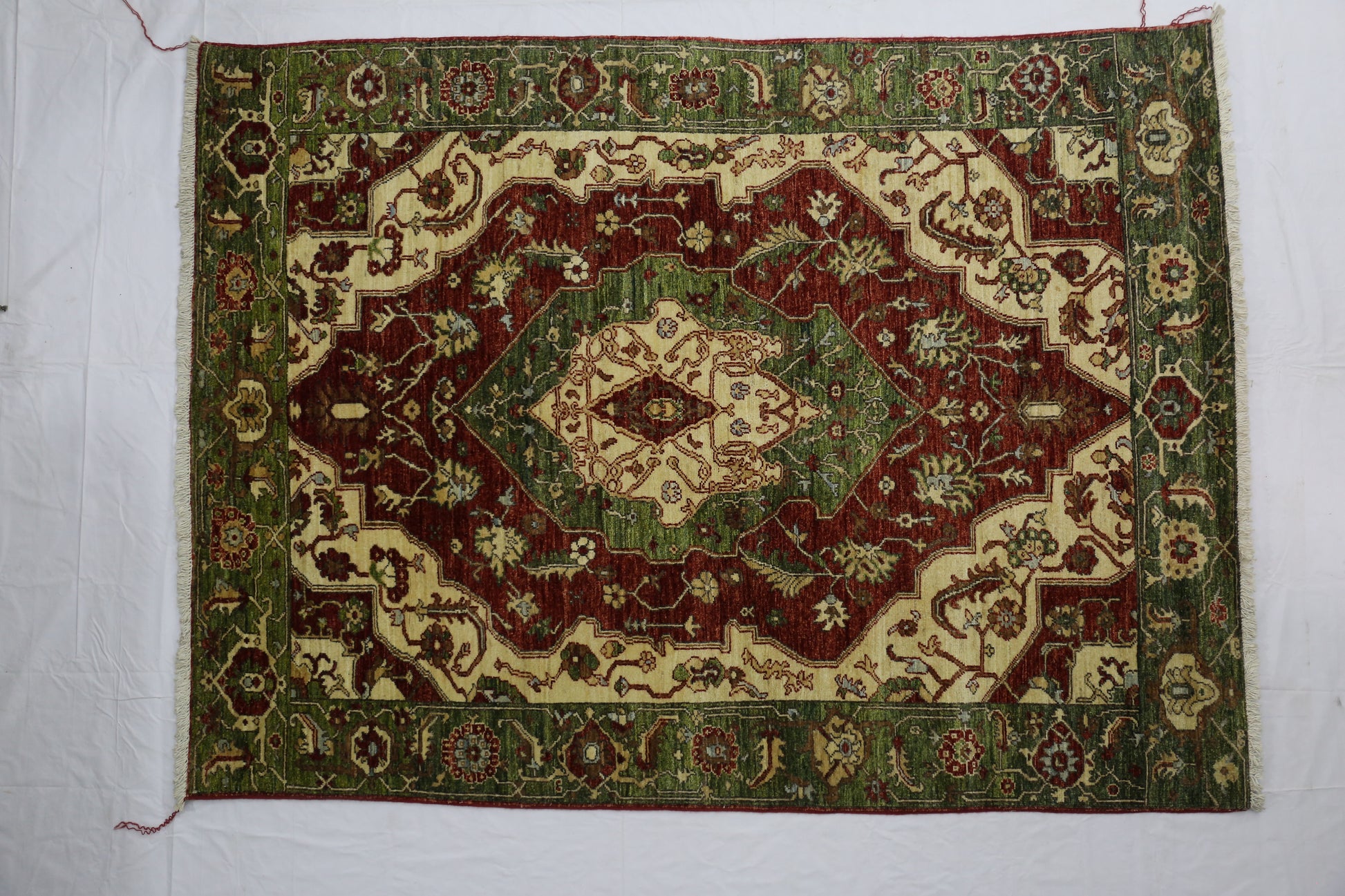 red & green premium handwoven pure wool chobrang rug, 5ft 1in x 6ft 10in