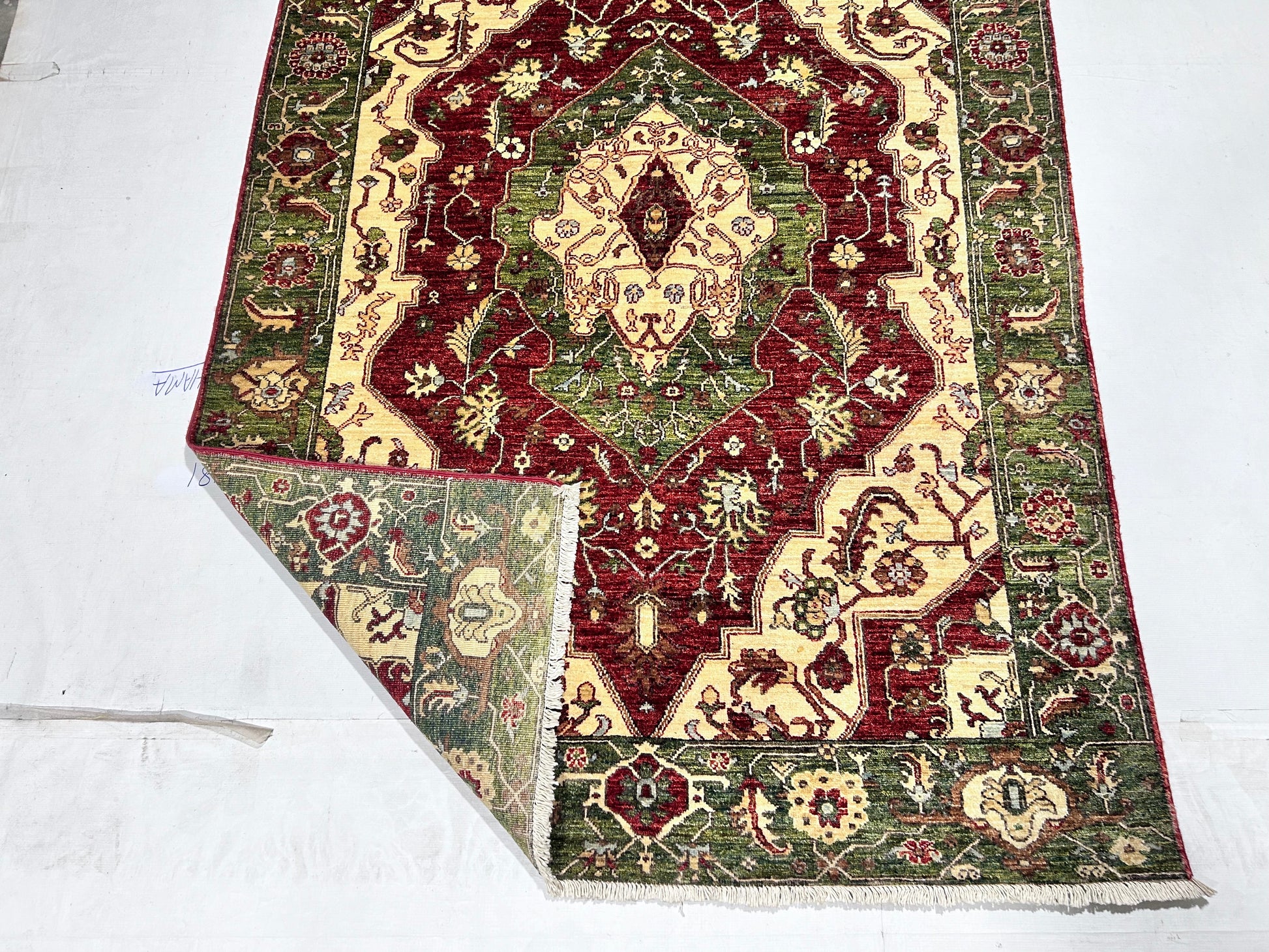 red & green premium handwoven pure wool chobrang rug, 5ft 1in x 6ft 10in